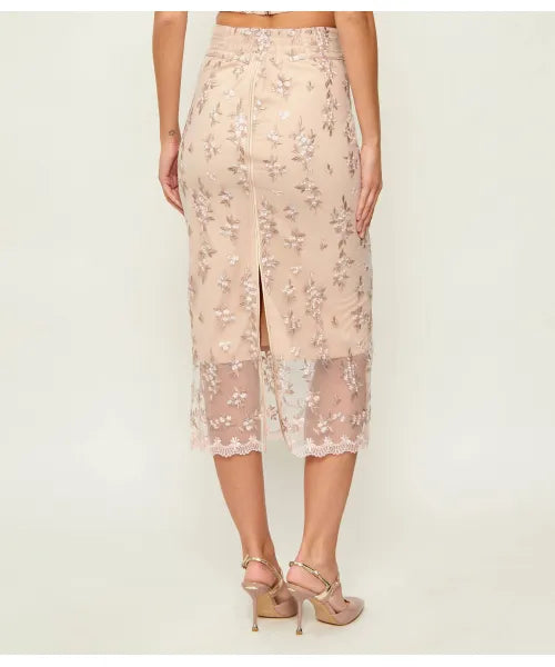 Nude Floral Embroidery 2 Piece Set Spaghetti Strap Crop Top & Sheer Mesh Midi Skirt