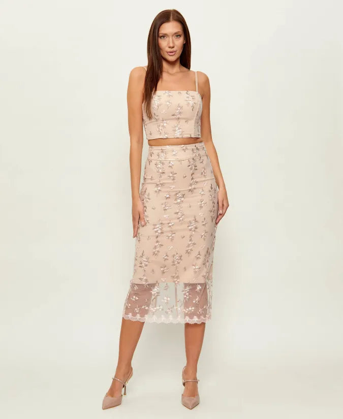 Nude Floral Embroidery 2 Piece Set Spaghetti Strap Crop Top & Sheer Mesh Midi Skirt