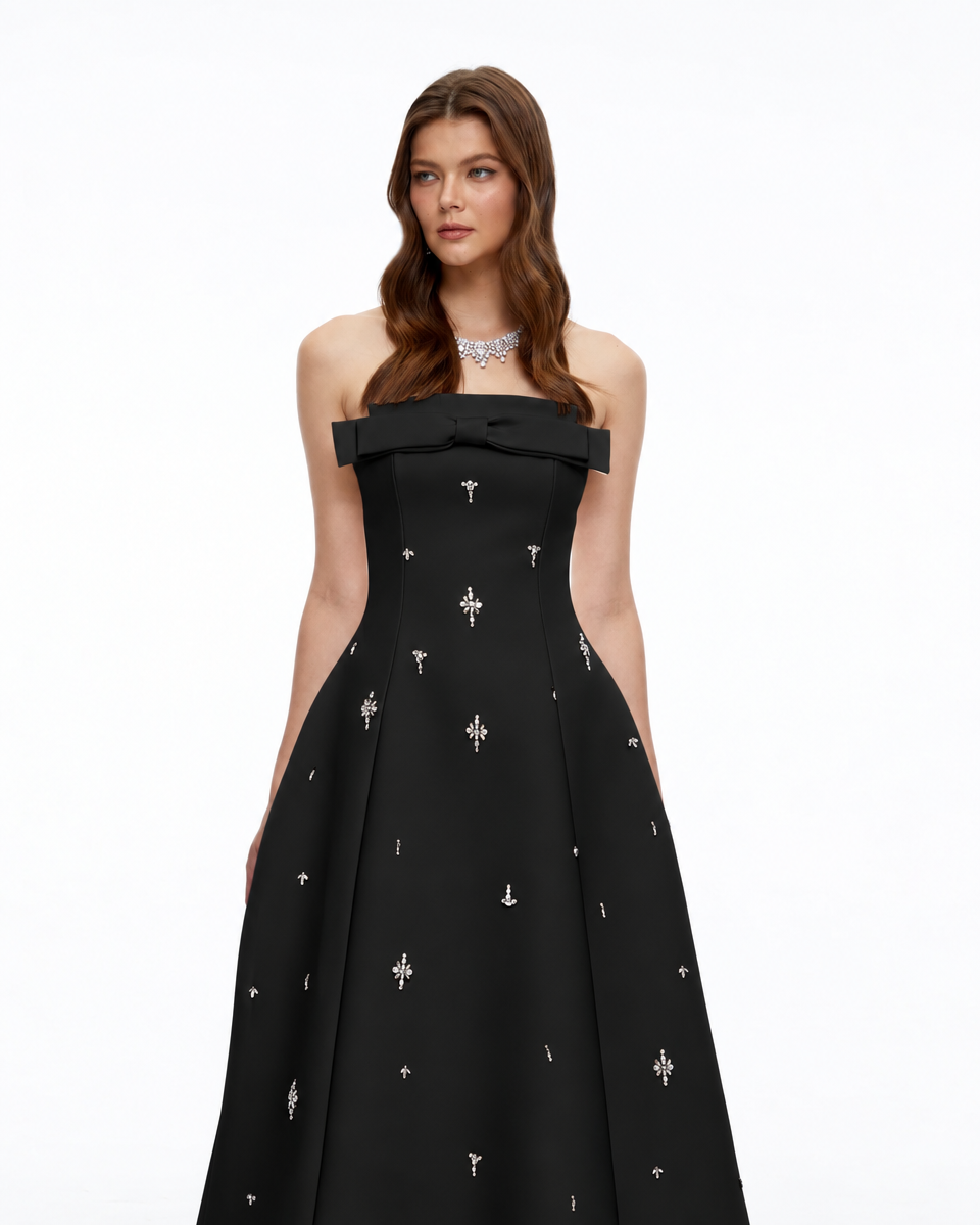 Enid Black Strapless Rhinestone Midi Dress with Bow