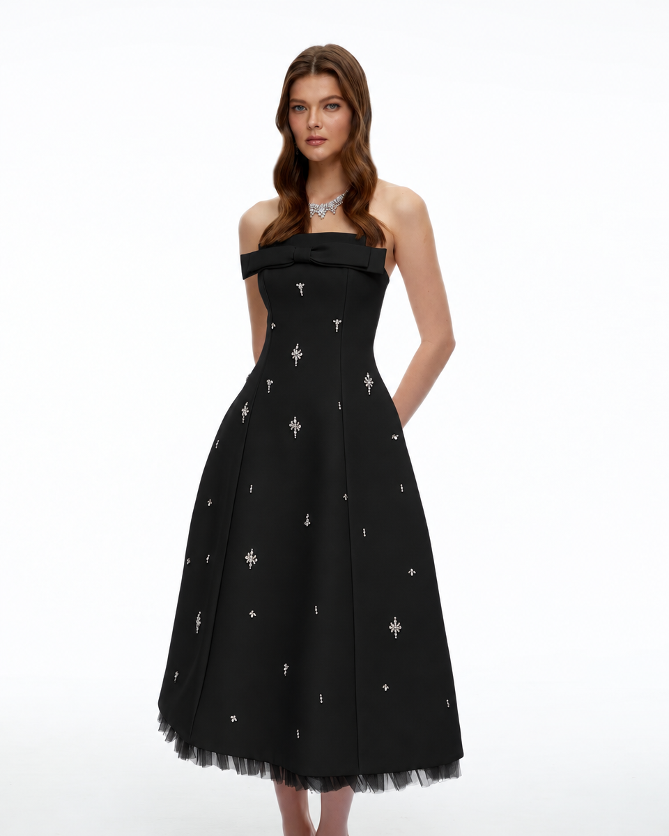 Enid Black Strapless Rhinestone Midi Dress with Bow