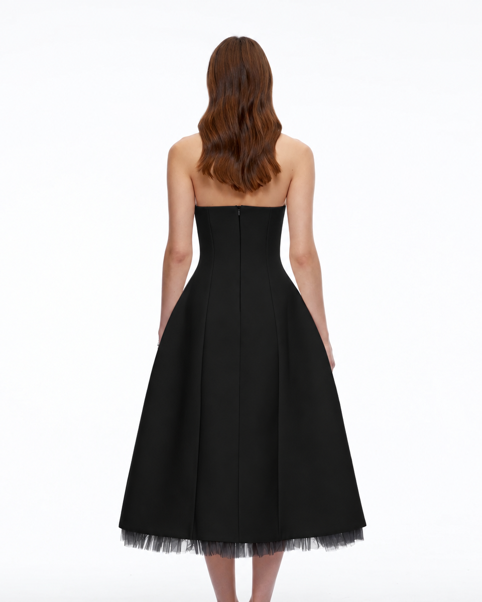 Enid Black Strapless Rhinestone Midi Dress with Bow
