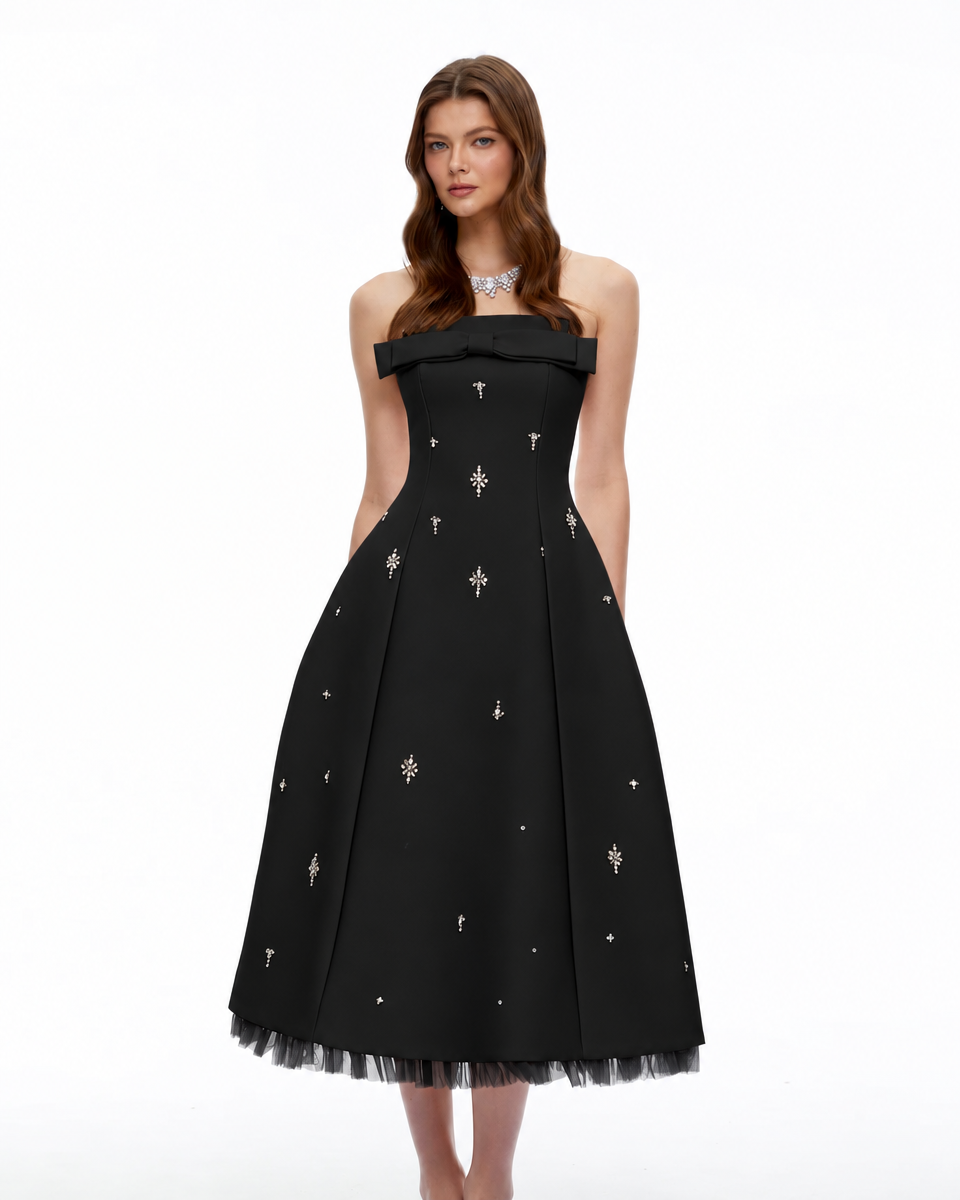 Enid Black Strapless Rhinestone Midi Dress with Bow