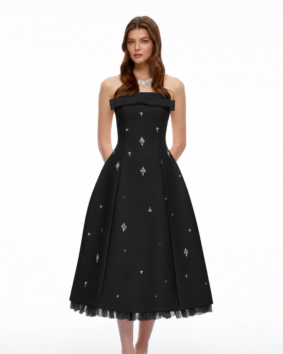 Enid Black Strapless Rhinestone Midi Dress with Bow