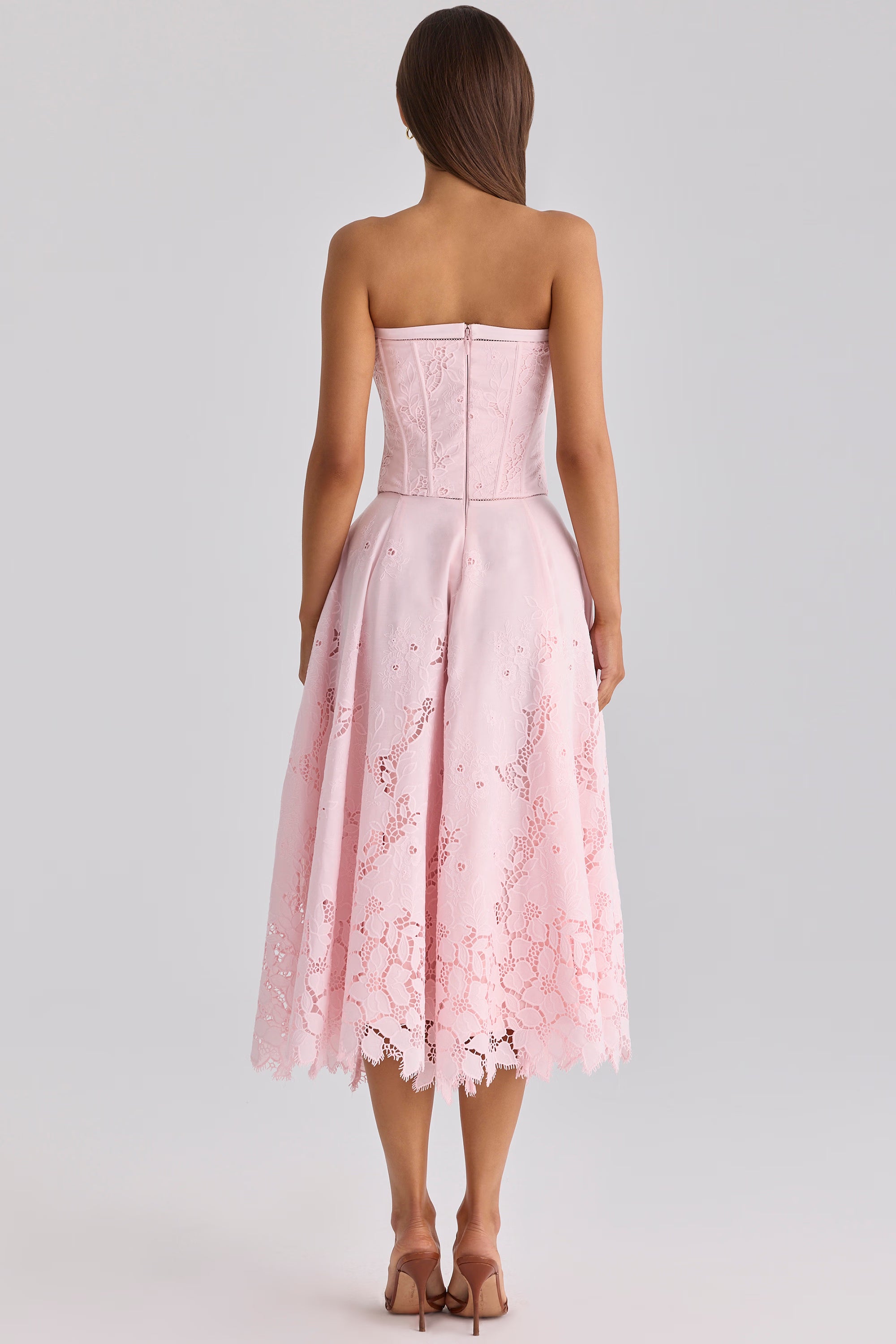 pink strapless custom lace + broderie anglaise midi dress