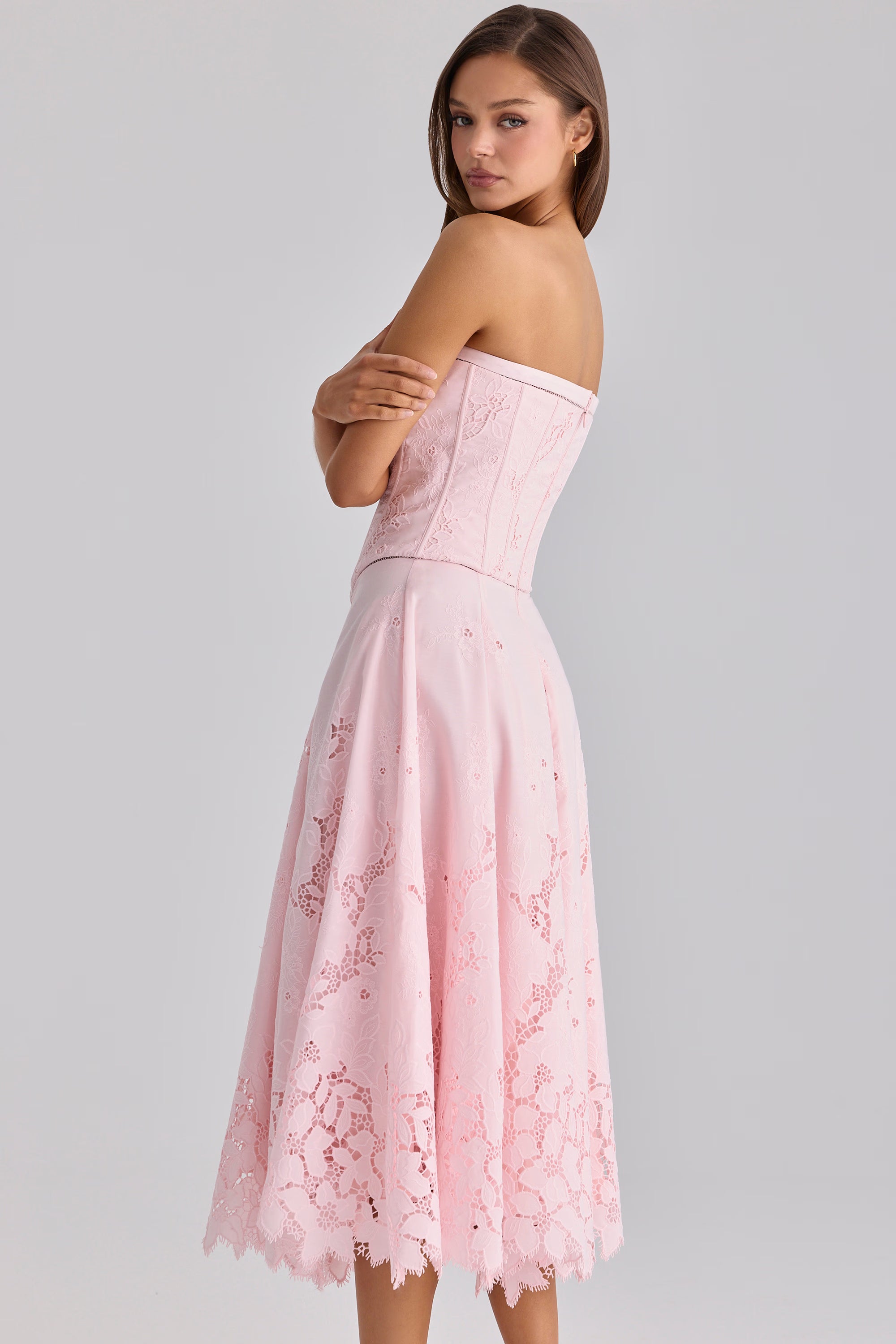 pink strapless custom lace + broderie anglaise midi dress