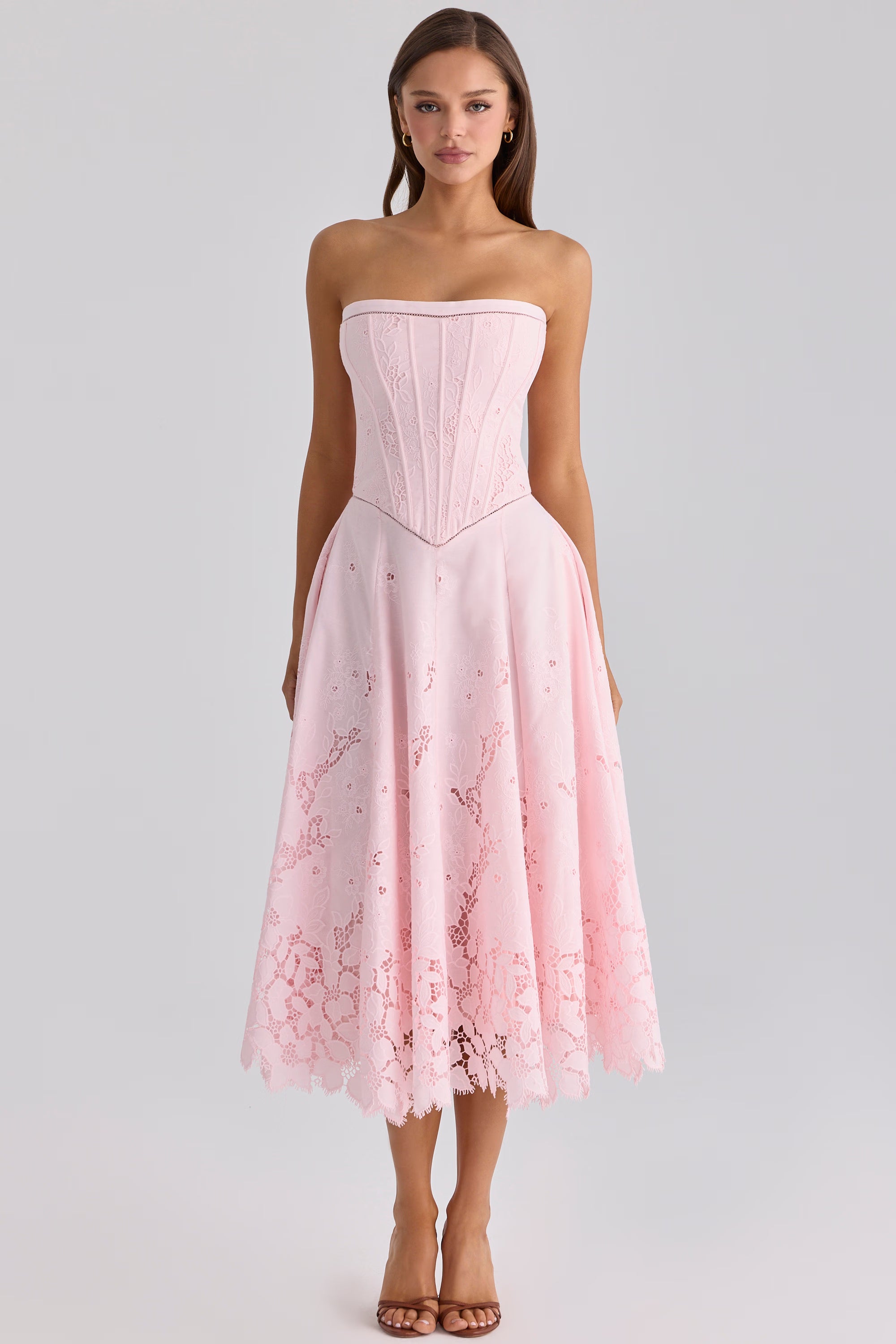 pink strapless custom lace + broderie anglaise midi dress
