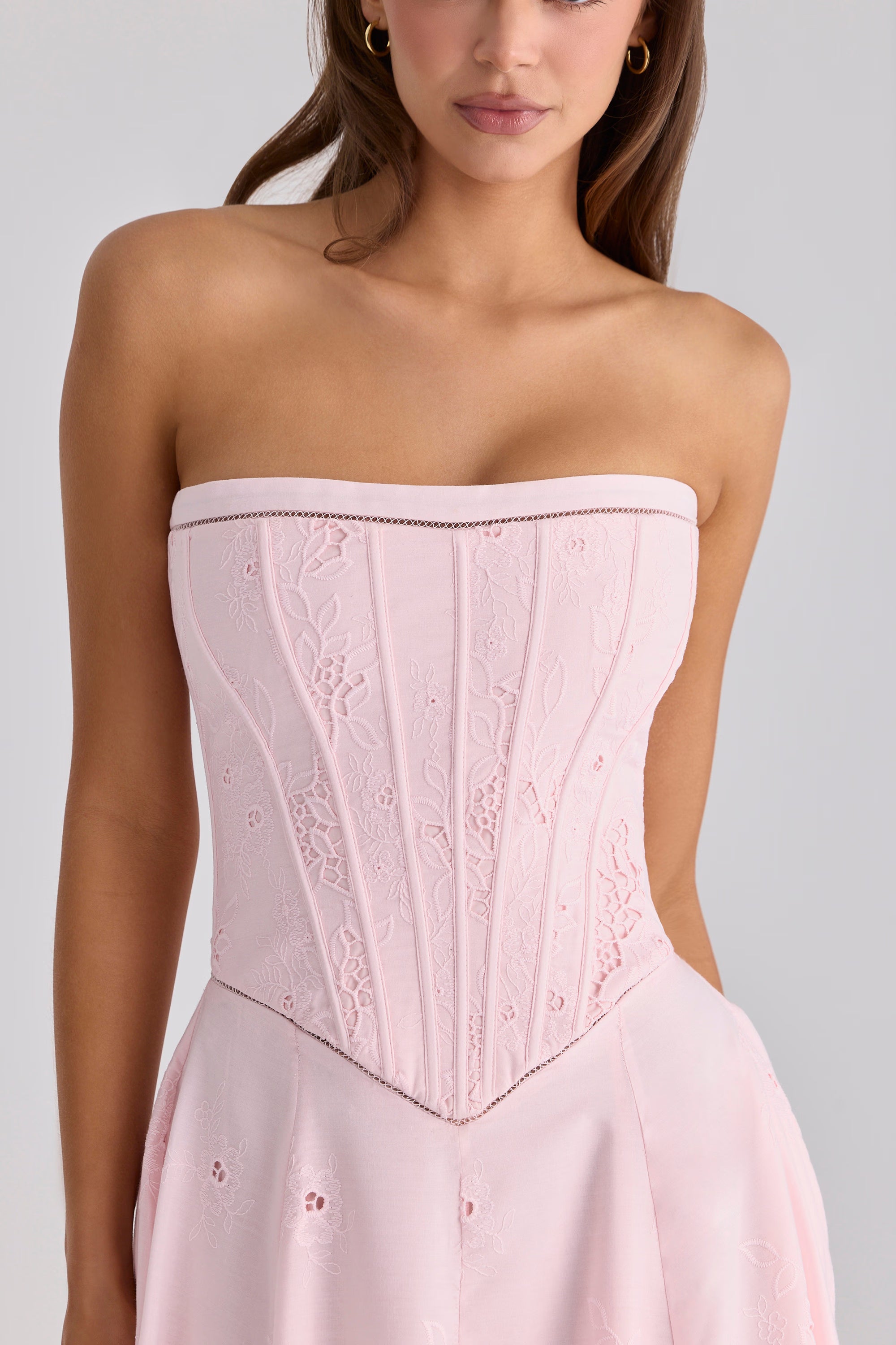 pink strapless custom lace + broderie anglaise midi dress