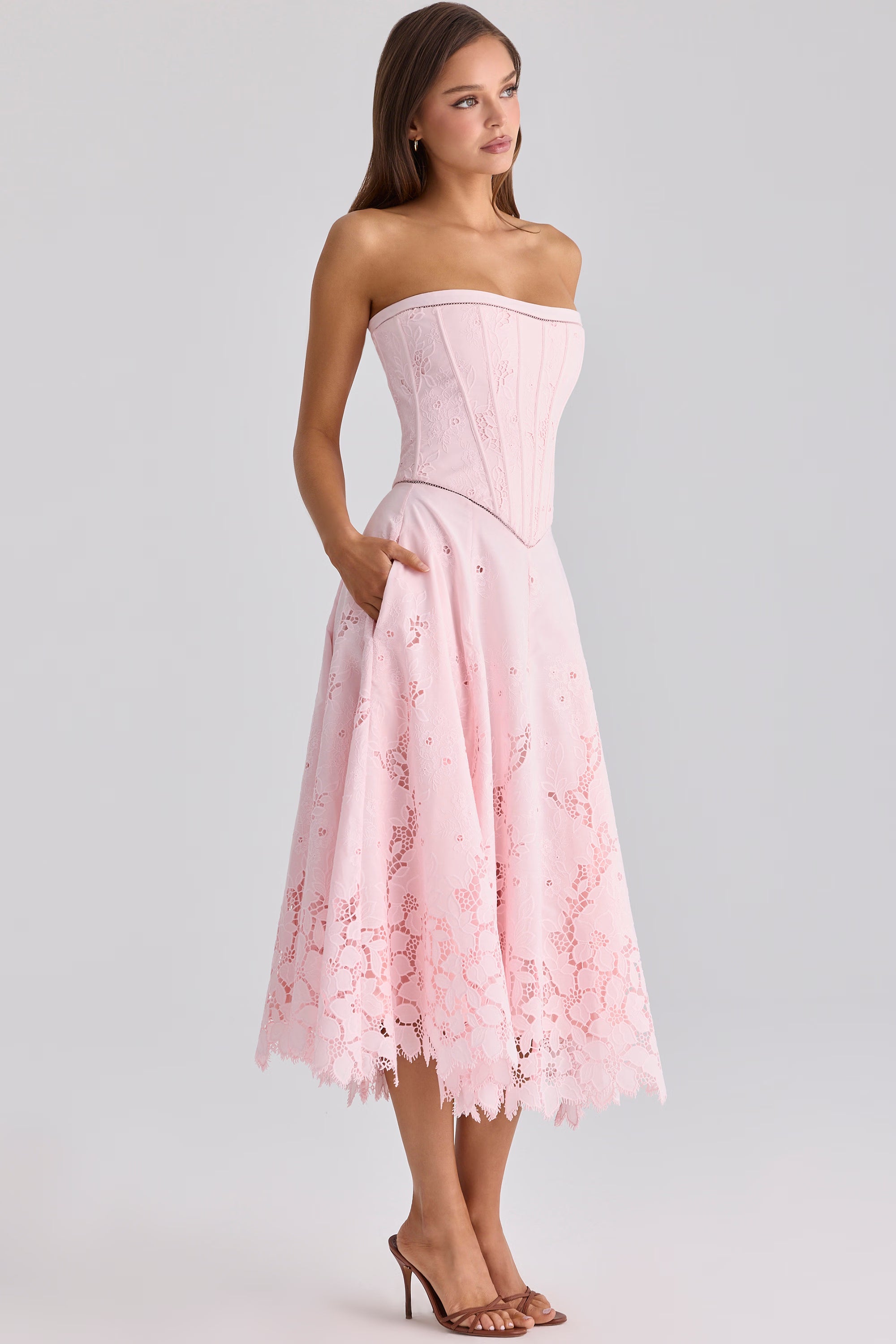 pink strapless custom lace + broderie anglaise midi dress