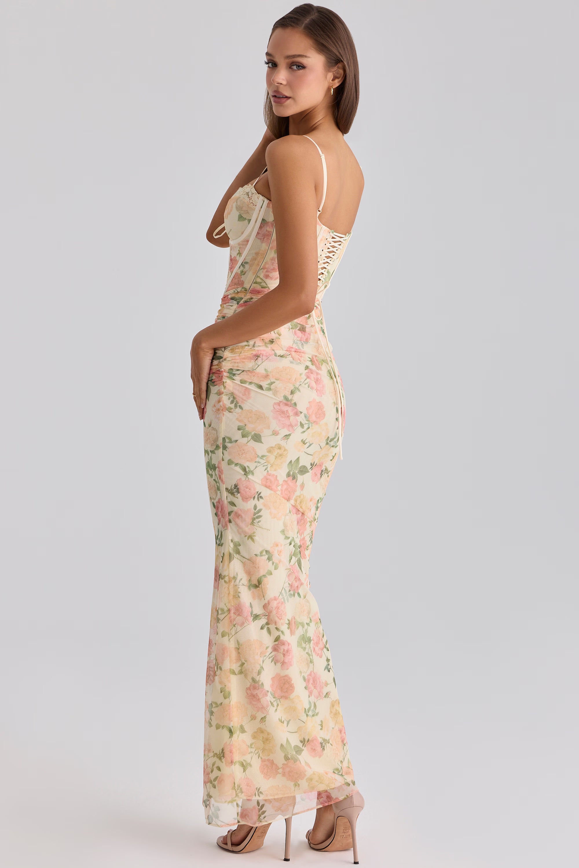 peach floral print mesh maxi dress
