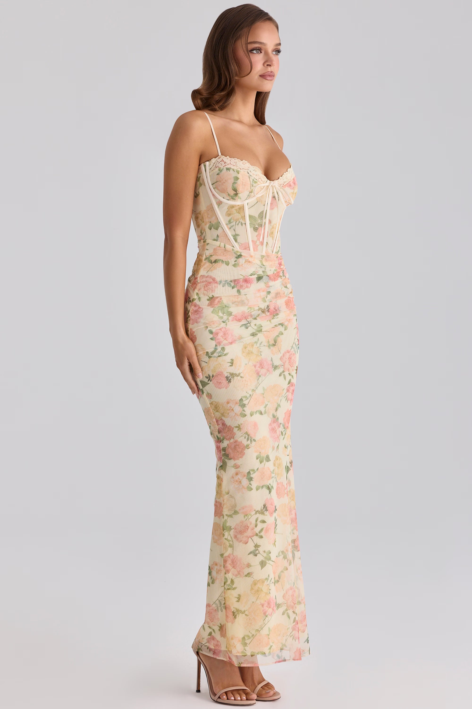 peach floral print mesh maxi dress