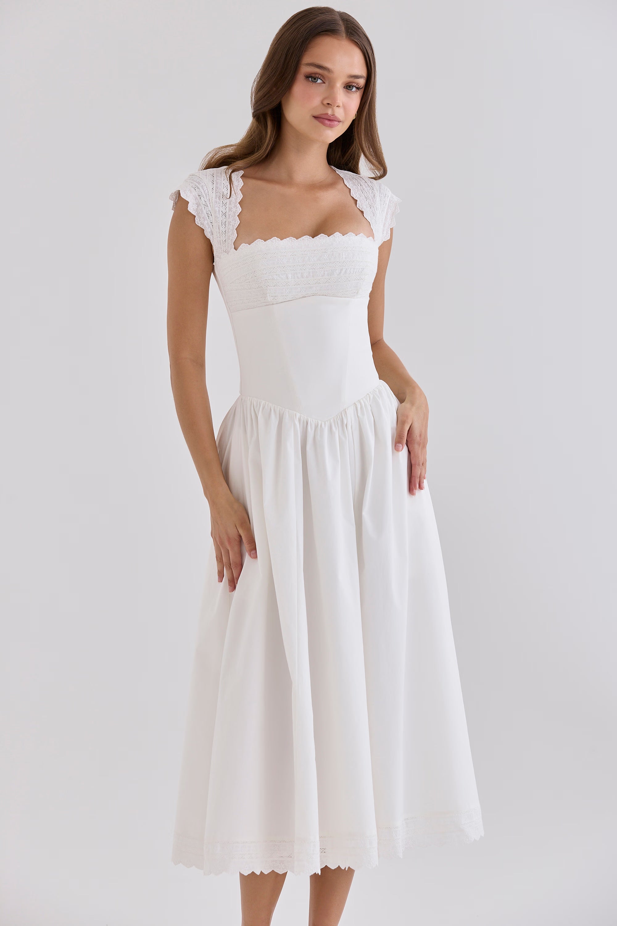 Fiorella White Cotton Broderie Anglaise Trim Midi Sundress