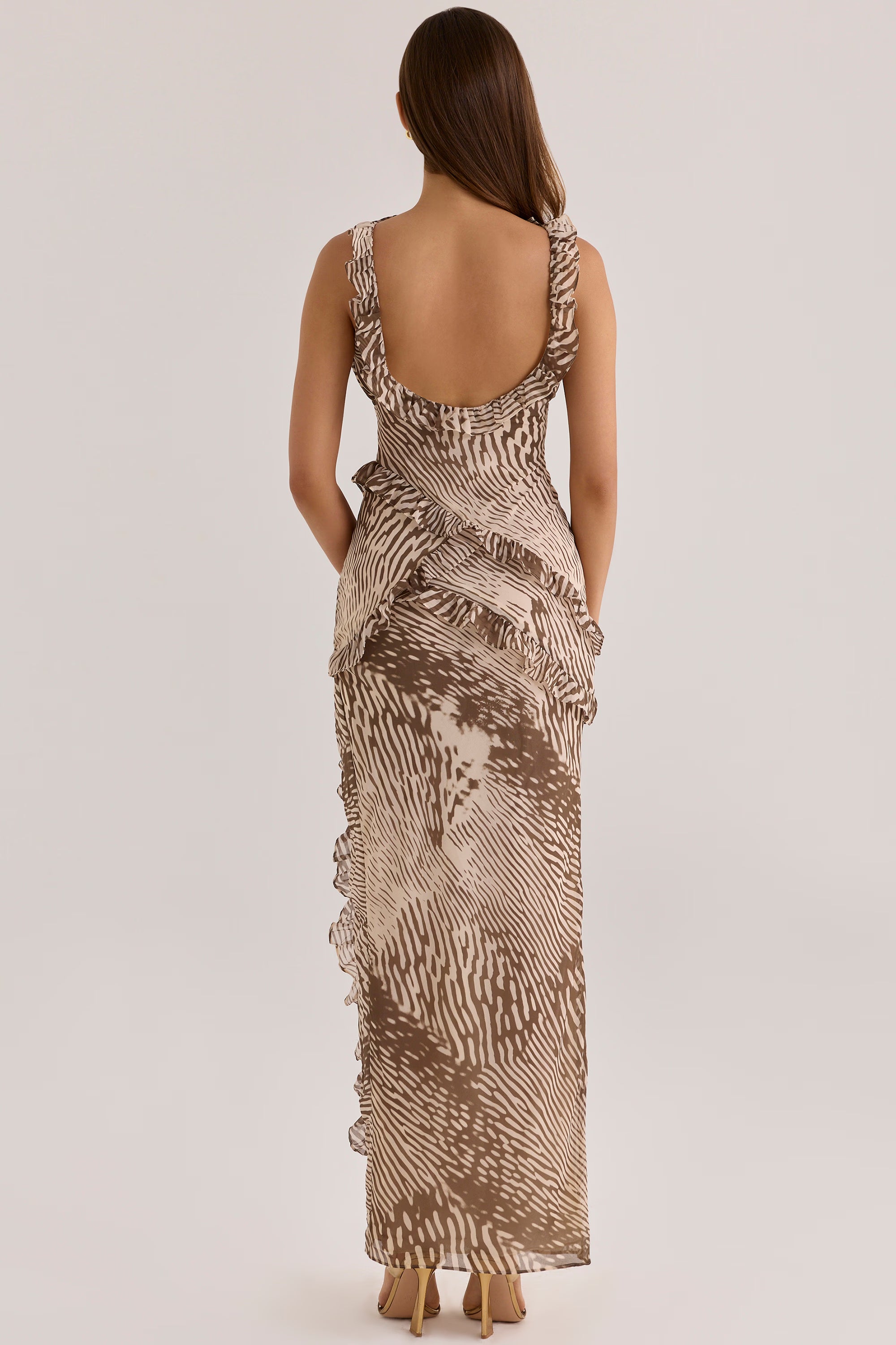animal print chiffon ruffle maxi dress