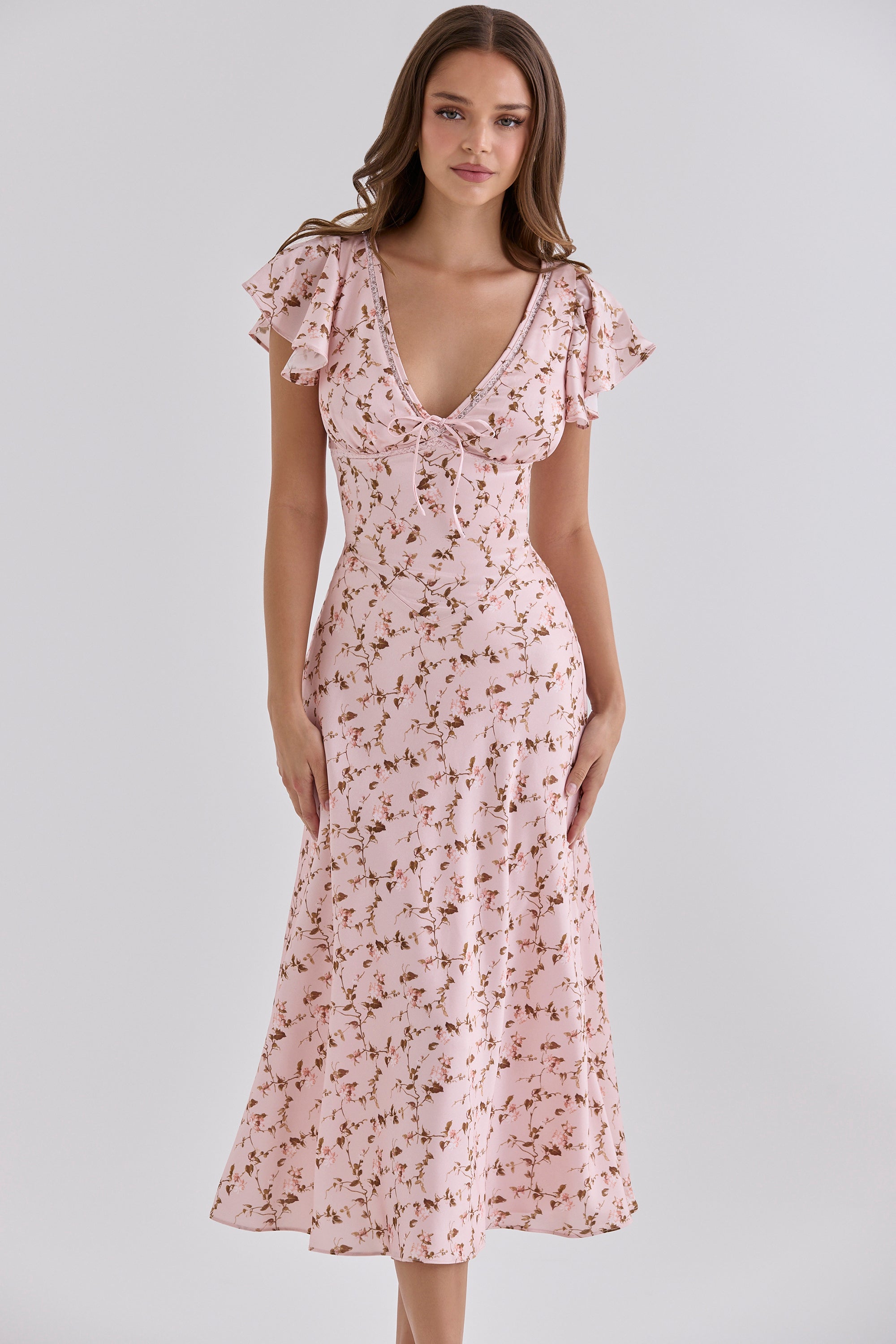 Raye Vintage Floral Print Pink Satin V-Neck Midi Tea Dress