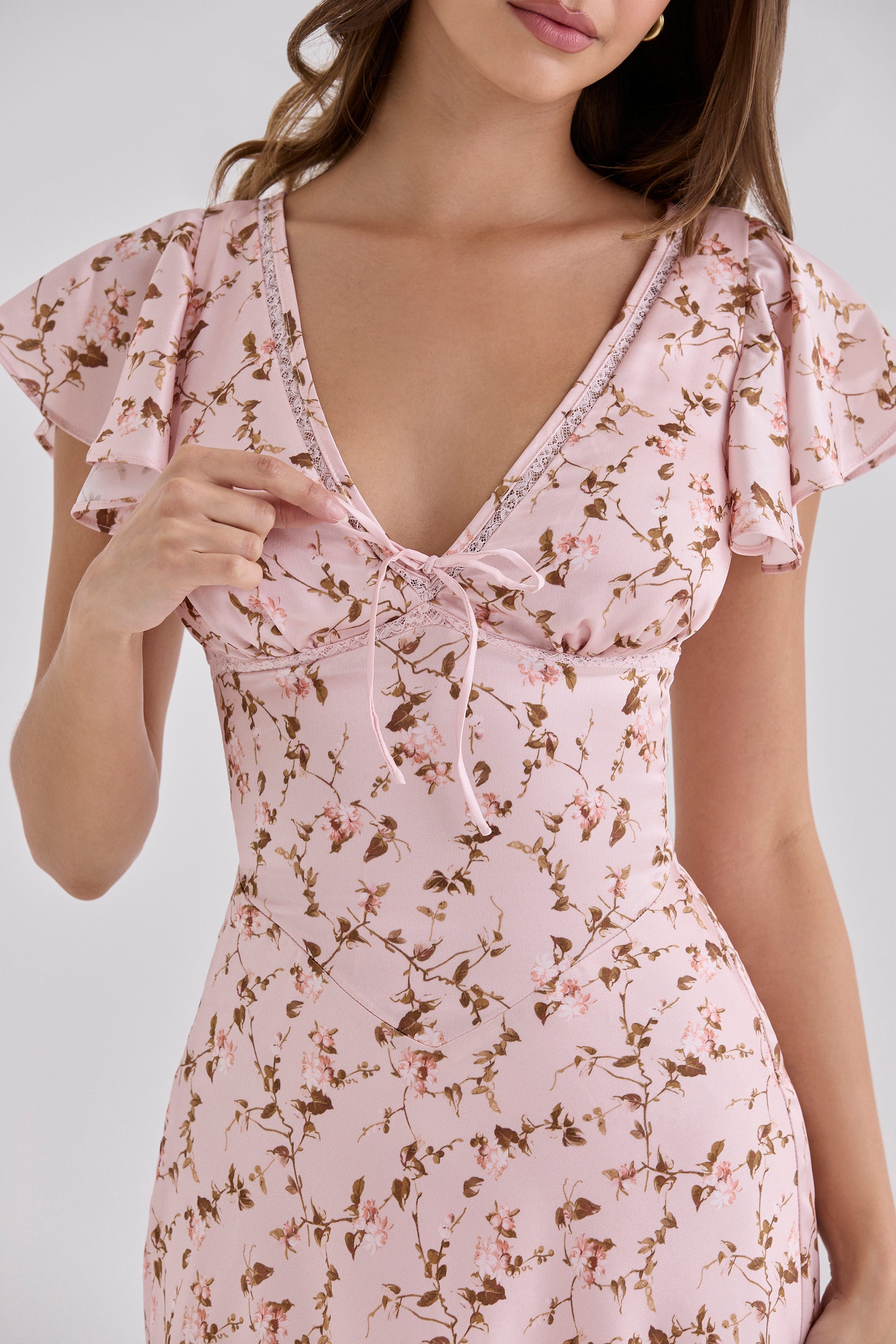 Raye Vintage Floral Print Pink Satin V-Neck Midi Tea Dress