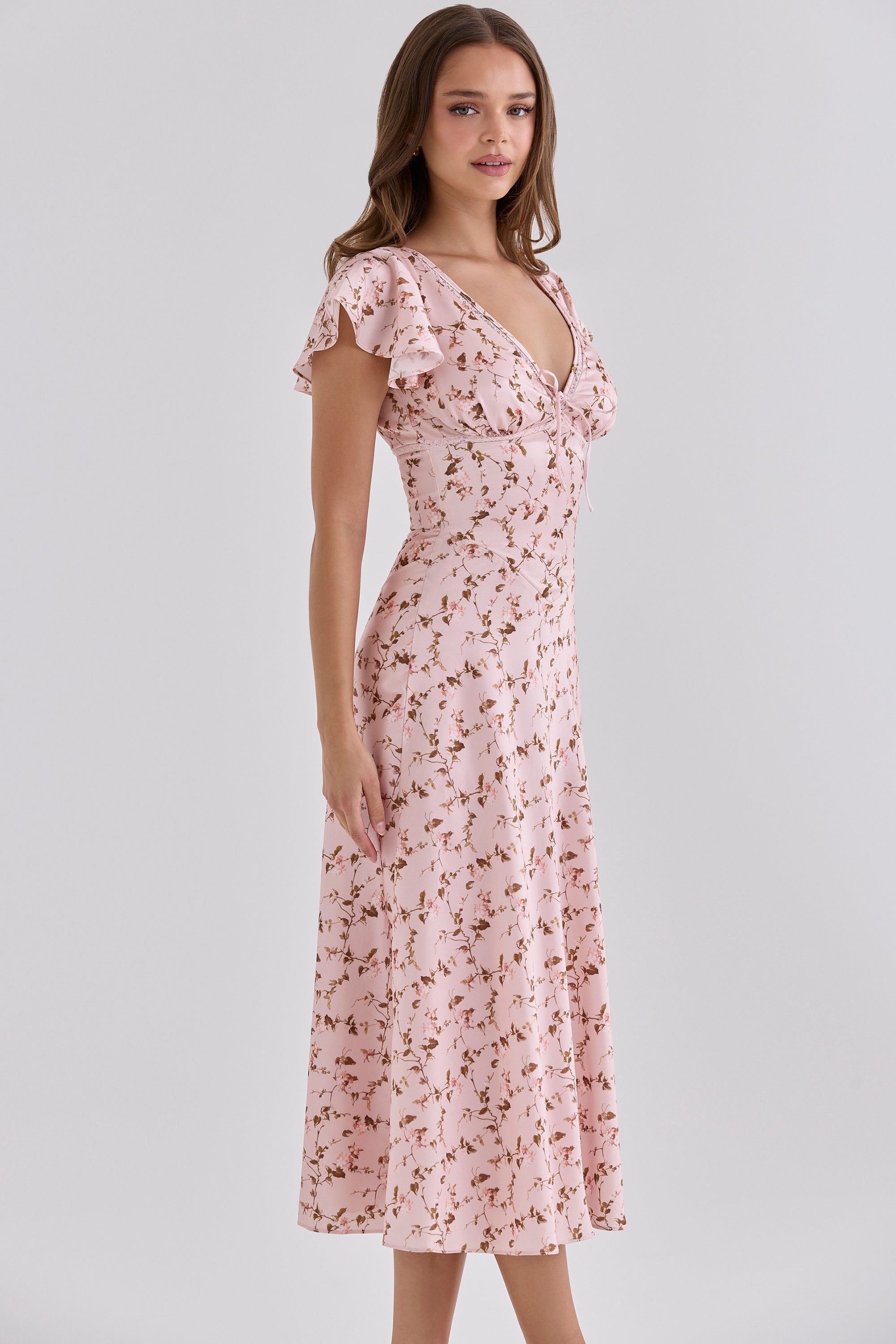 Raye Vintage Floral Print Pink Satin V-Neck Midi Tea Dress