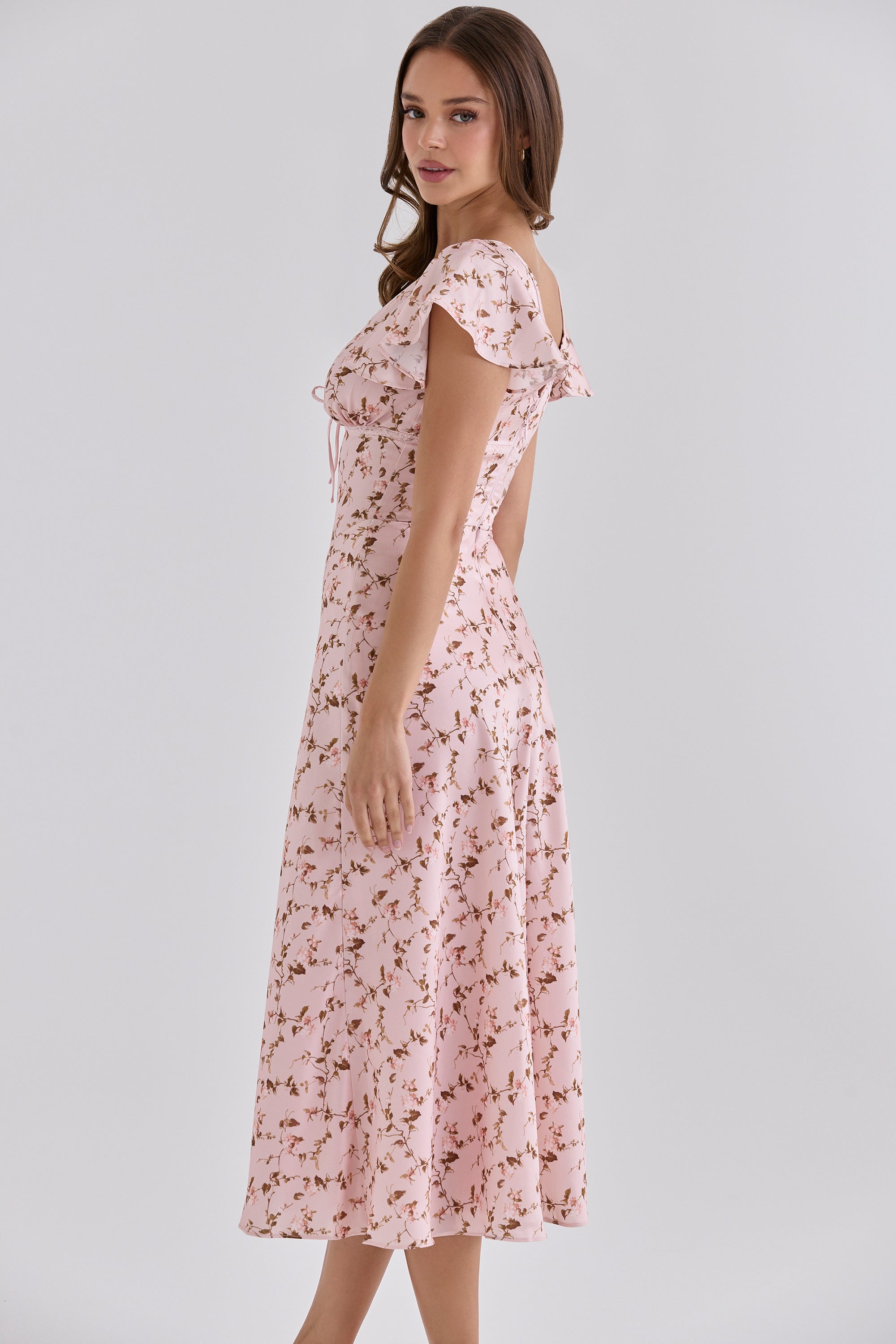 Raye Vintage Floral Print Pink Satin V-Neck Midi Tea Dress