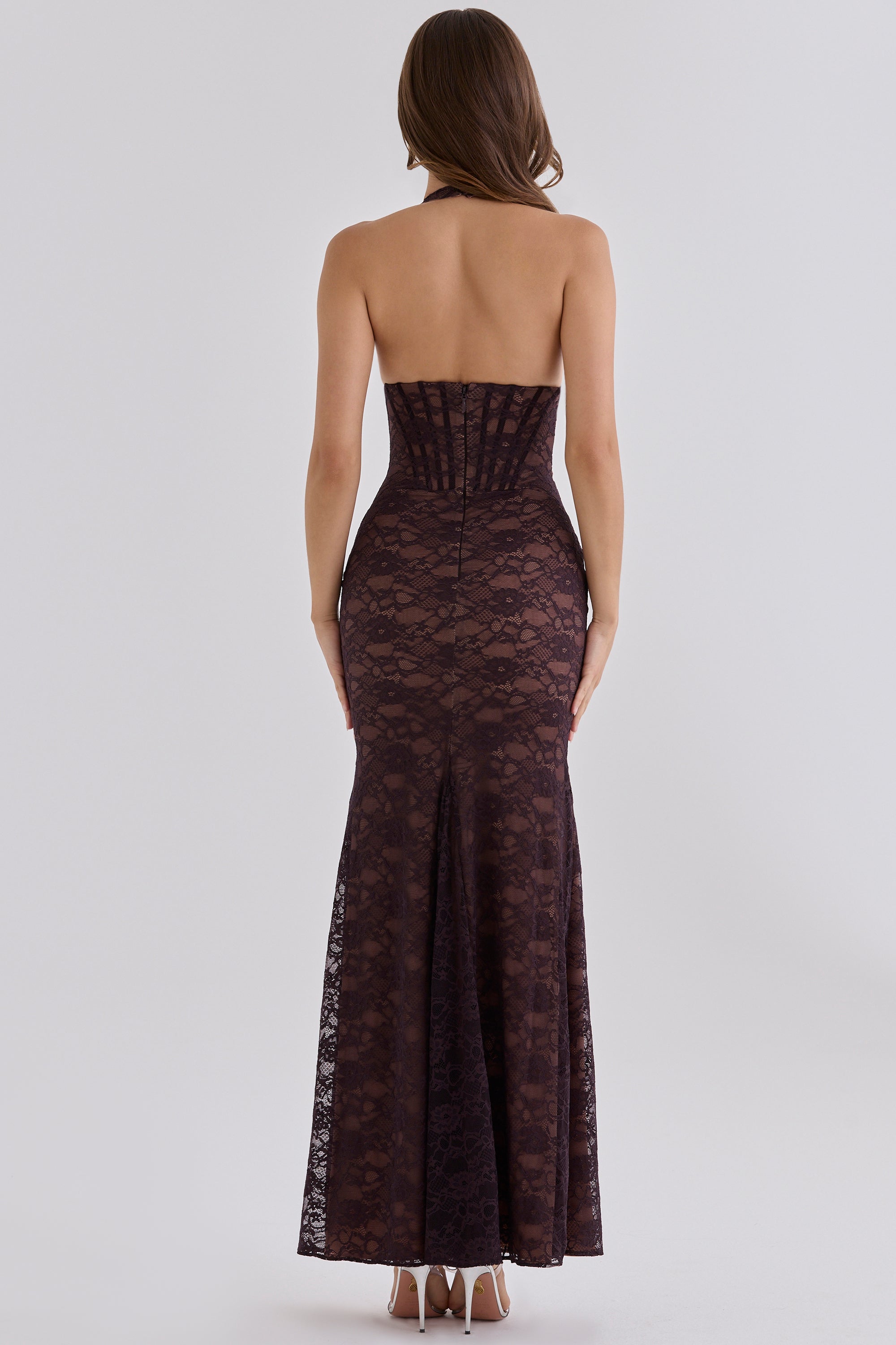 chocolate brown lace contouring silhouette maxi dress