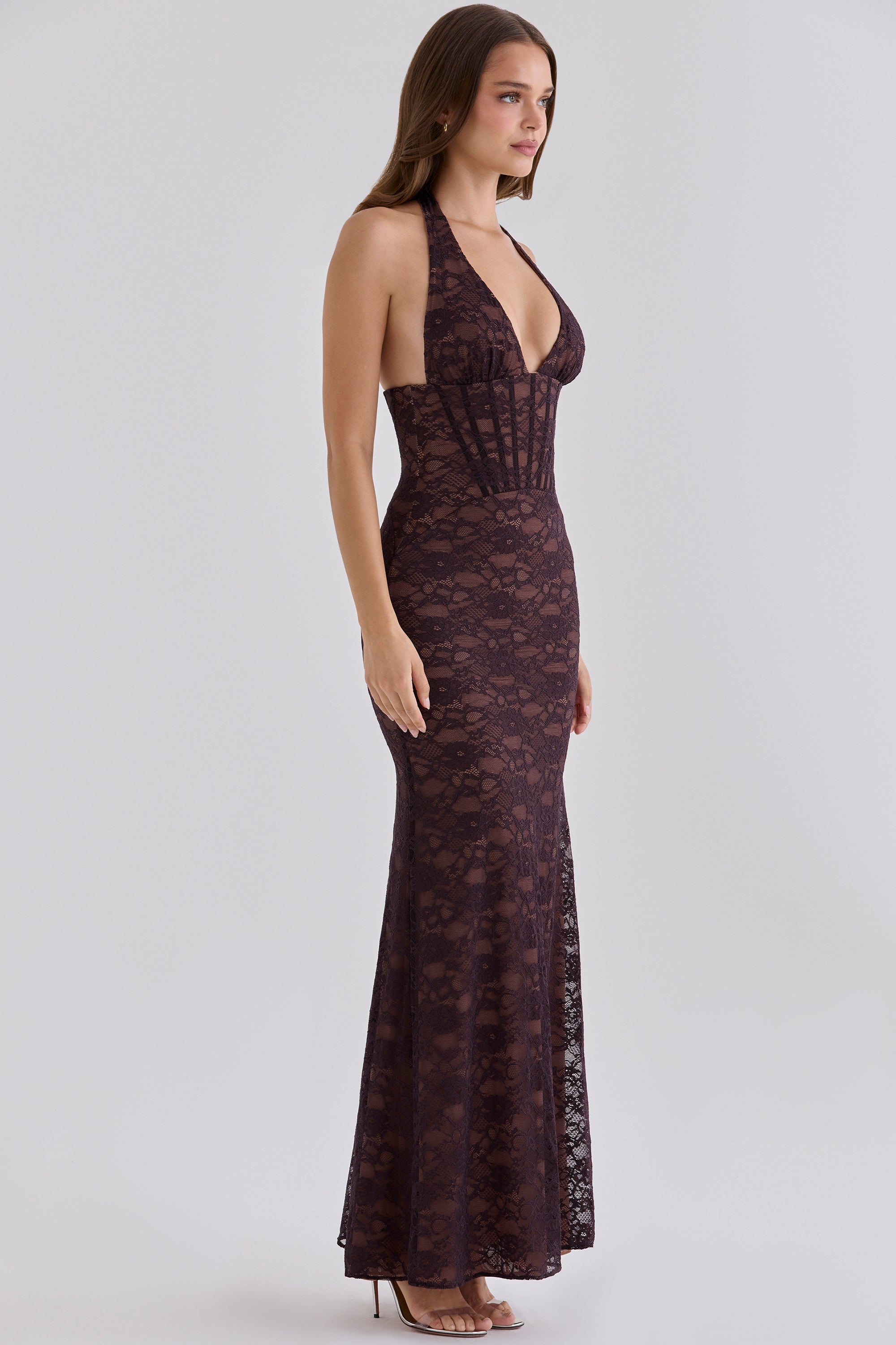 chocolate brown lace contouring silhouette maxi dress