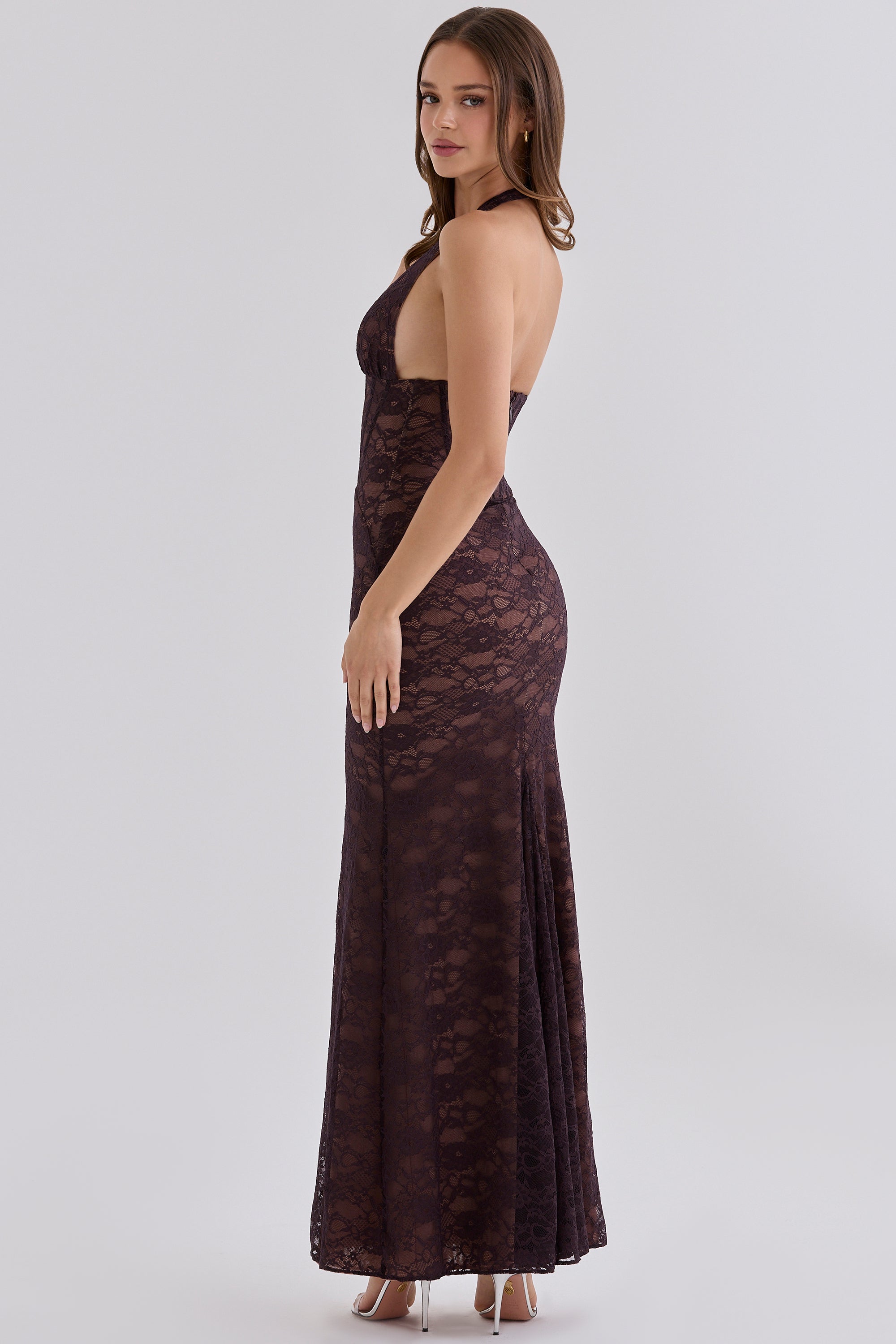 chocolate brown lace contouring silhouette maxi dress