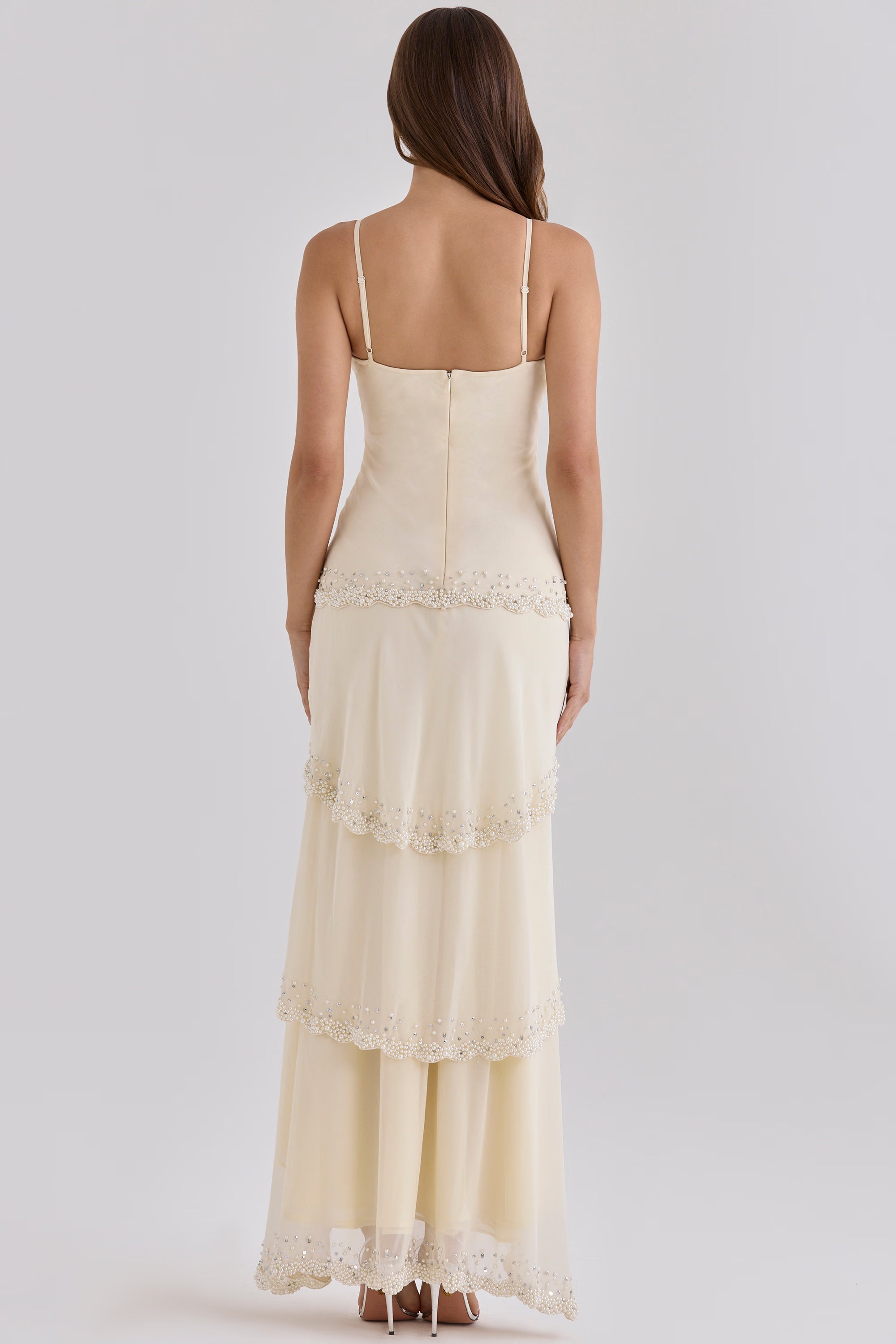 Sorelle Vanilla Georgette Hand Embellished Tiered Maxi Dress - Limited Edition