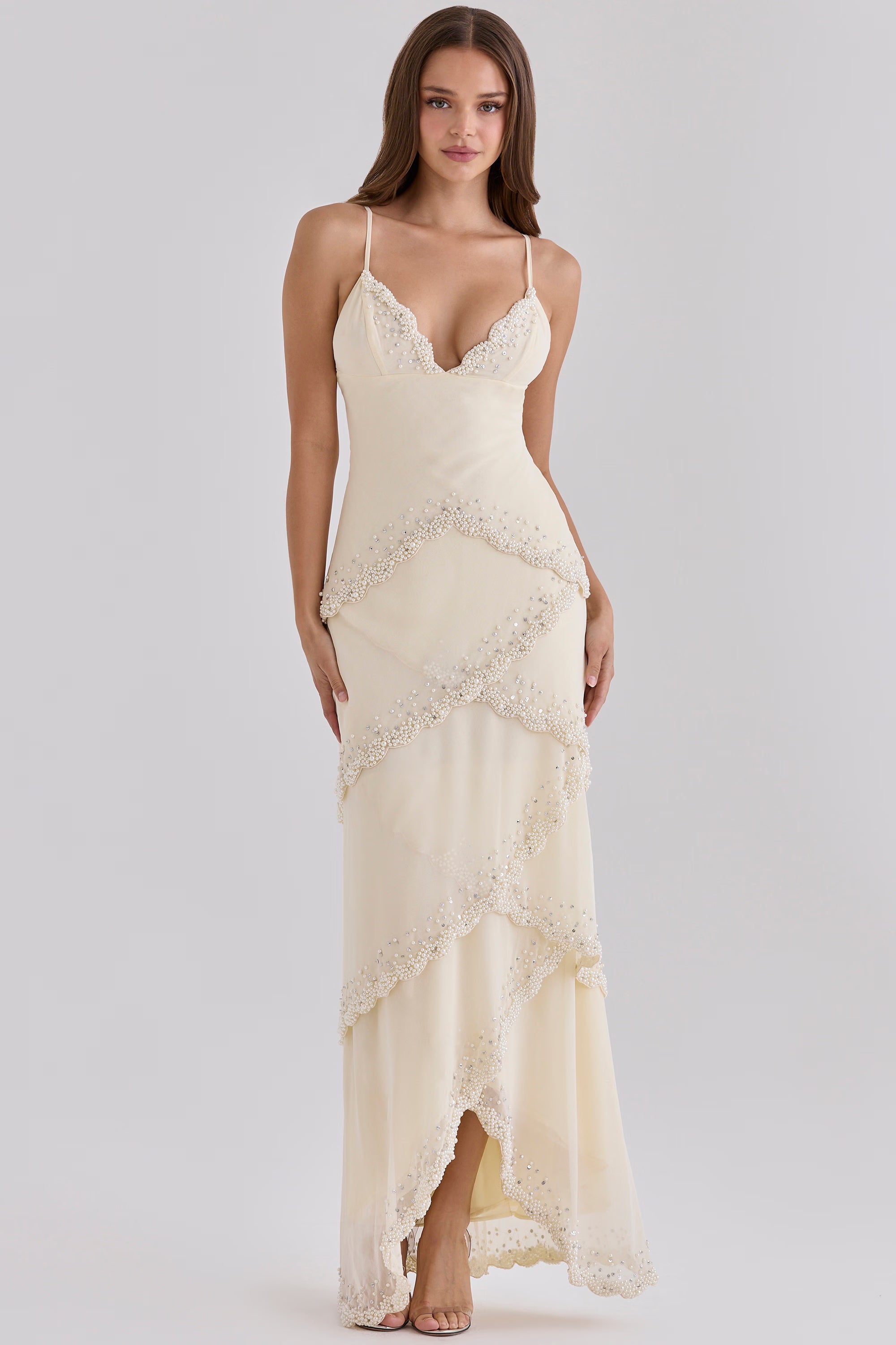 Sorelle Vanilla Georgette Hand Embellished Tiered Maxi Dress - Limited Edition