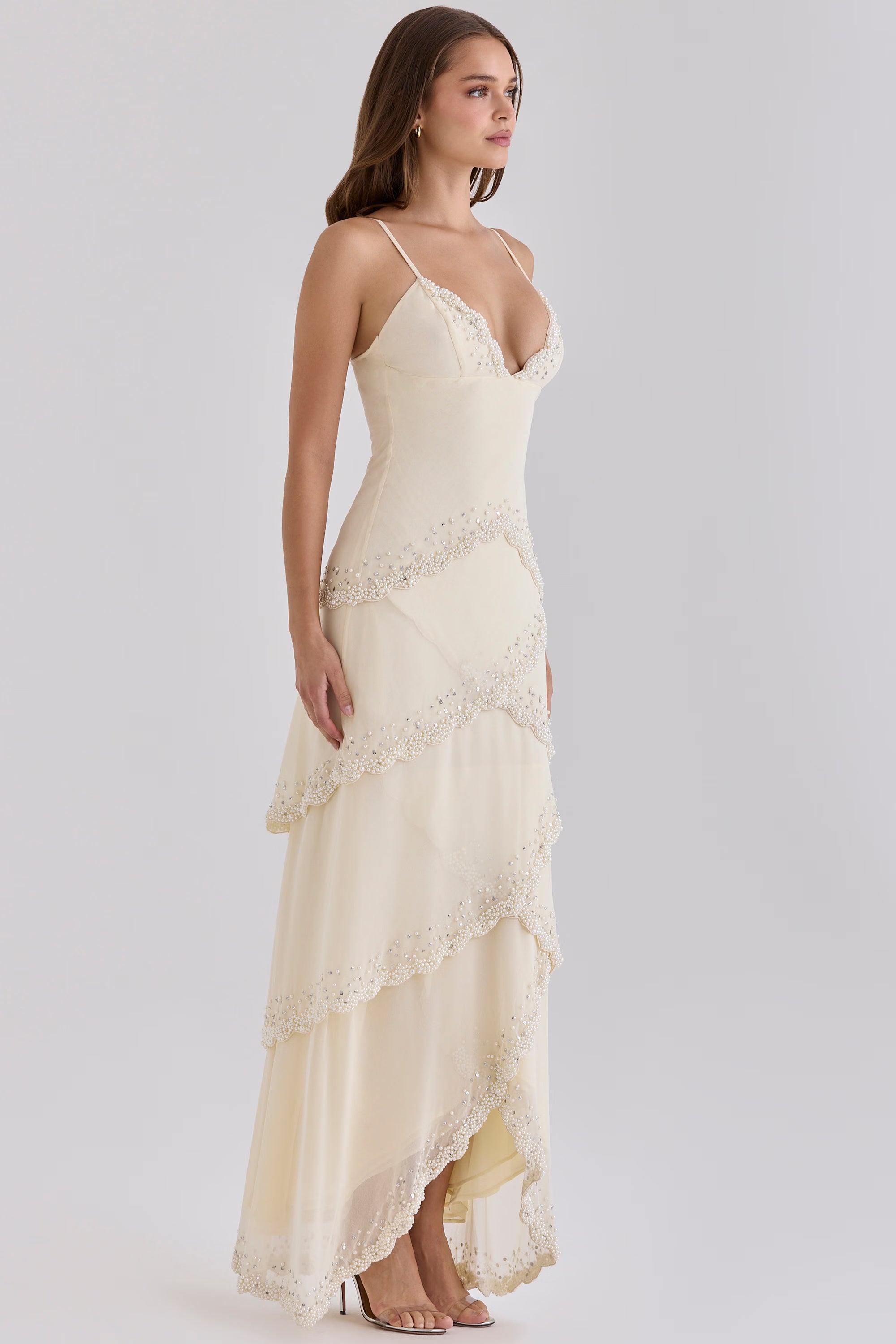 Sorelle Vanilla Georgette Hand Embellished Tiered Maxi Dress - Limited Edition