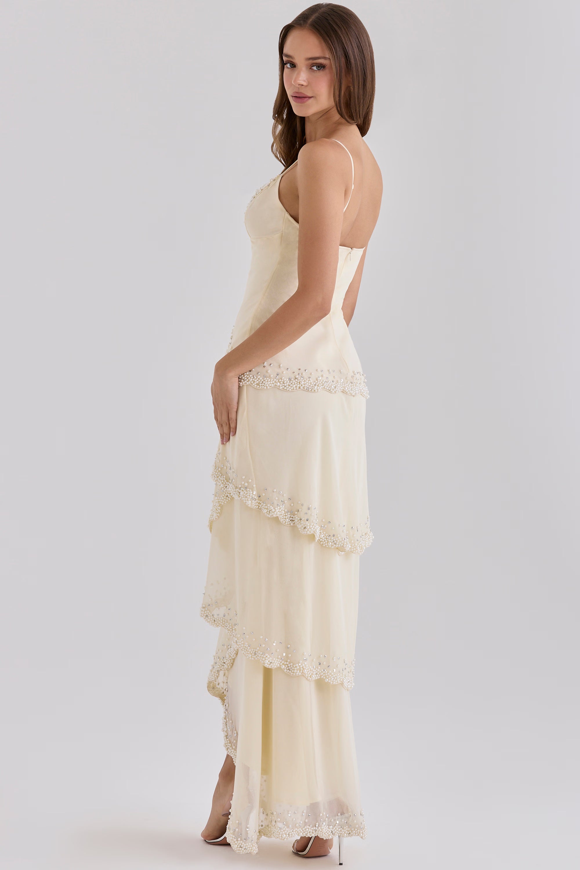 Sorelle Vanilla Georgette Hand Embellished Tiered Maxi Dress - Limited Edition
