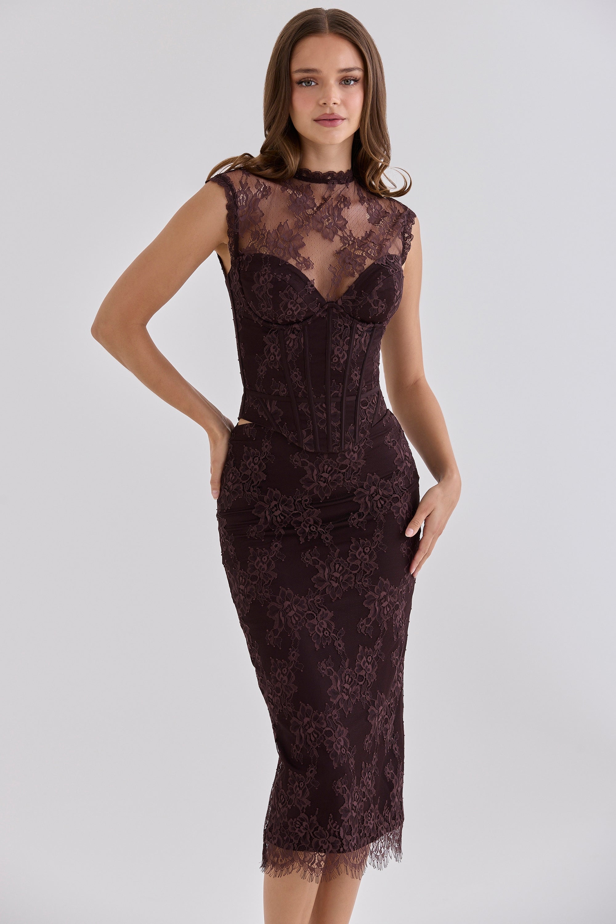 Serelle Chocolate Brown Lace Midi Skirt