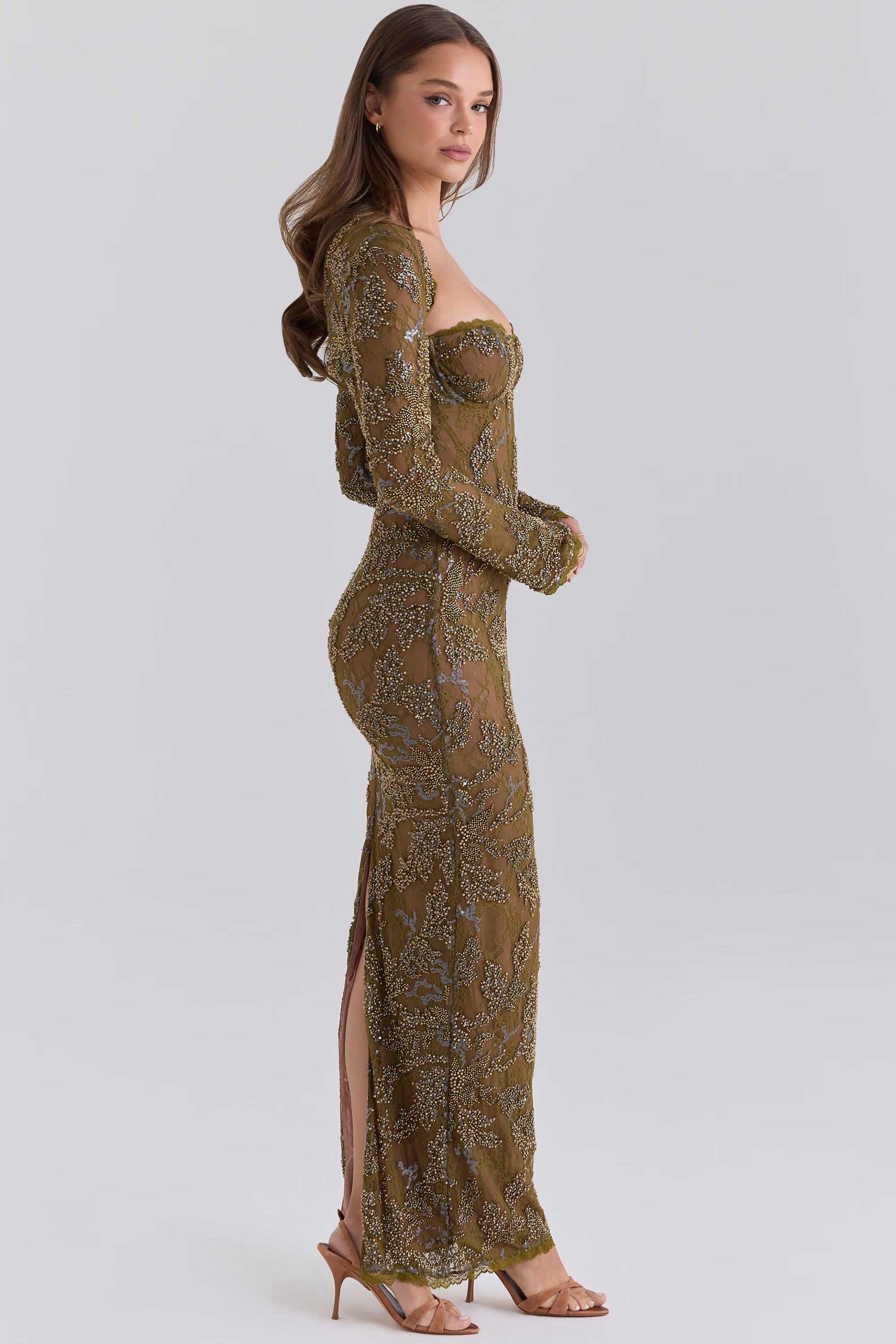 Lucelle Olive Heavily Beaded Embellished Lace Maxi Dress - Limited Edition