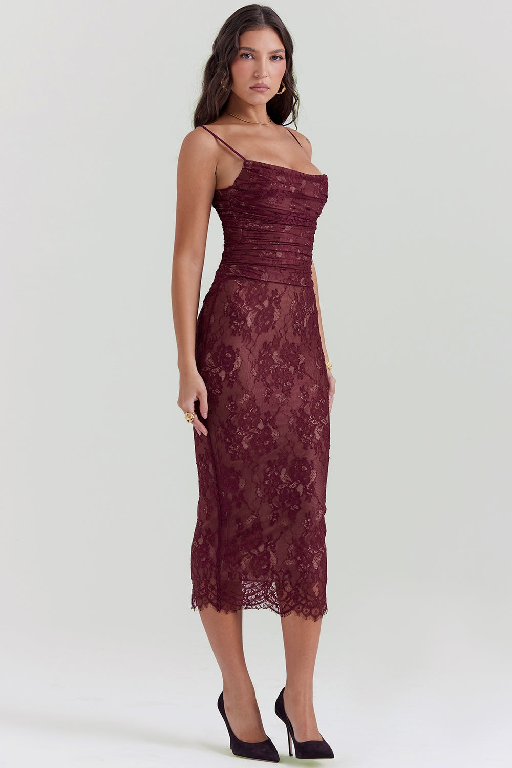 Gaia Claret Lace Midi Dress