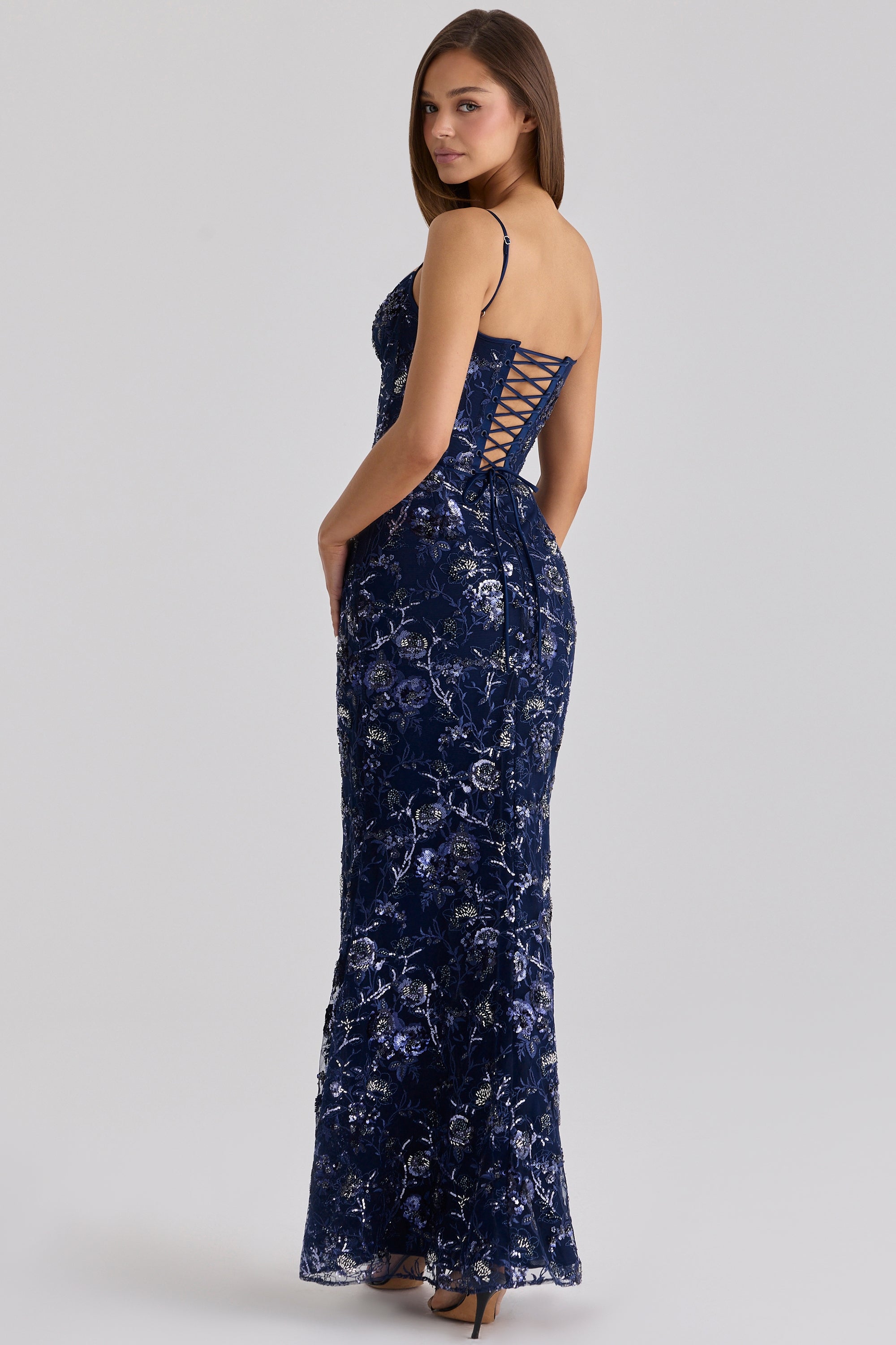 Naima Navy Hand Beaded Embellished Corset Maxi Dress