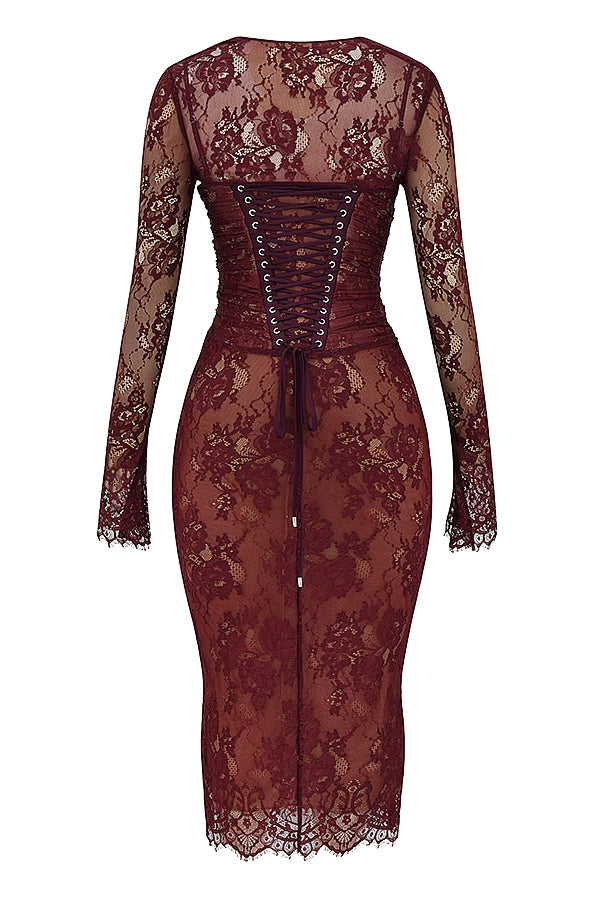 Gaia Claret Lace Midi Dress