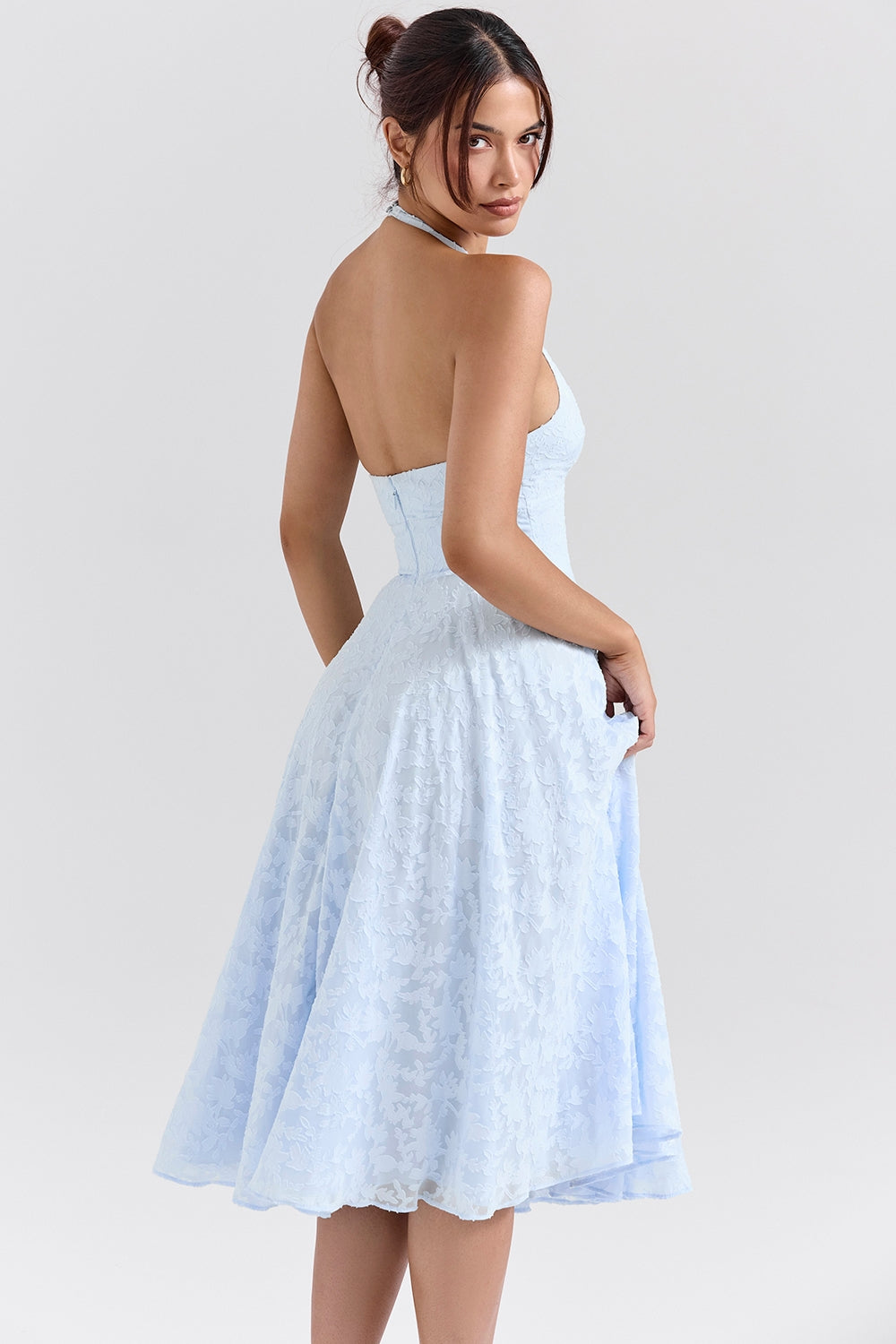 Arietta Bluebell Floral Jacquard Halter Midi Dress