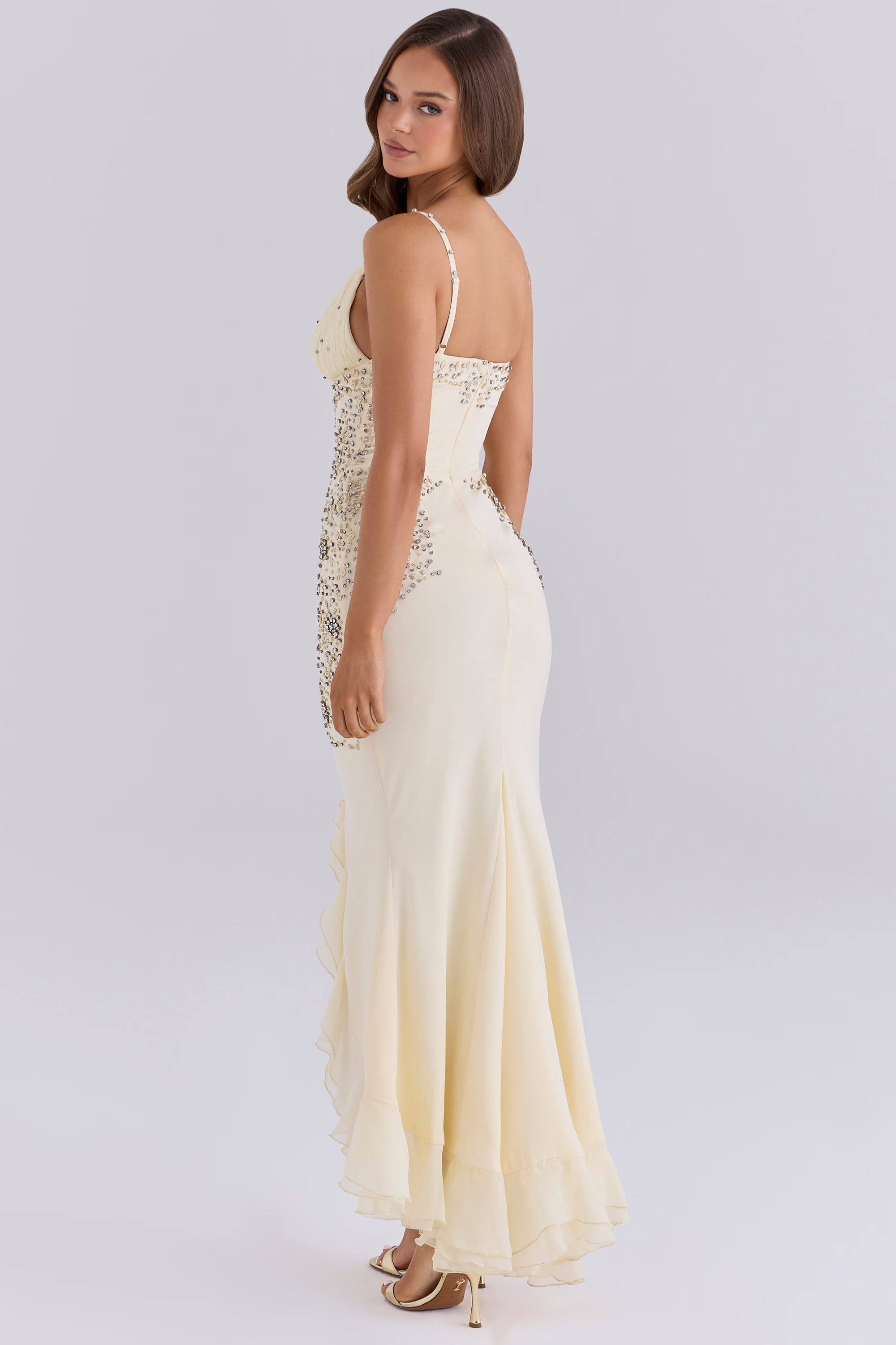 Elyse Pearl White Deep V Satin Silk Beaded Evening Dress - Limited Edition