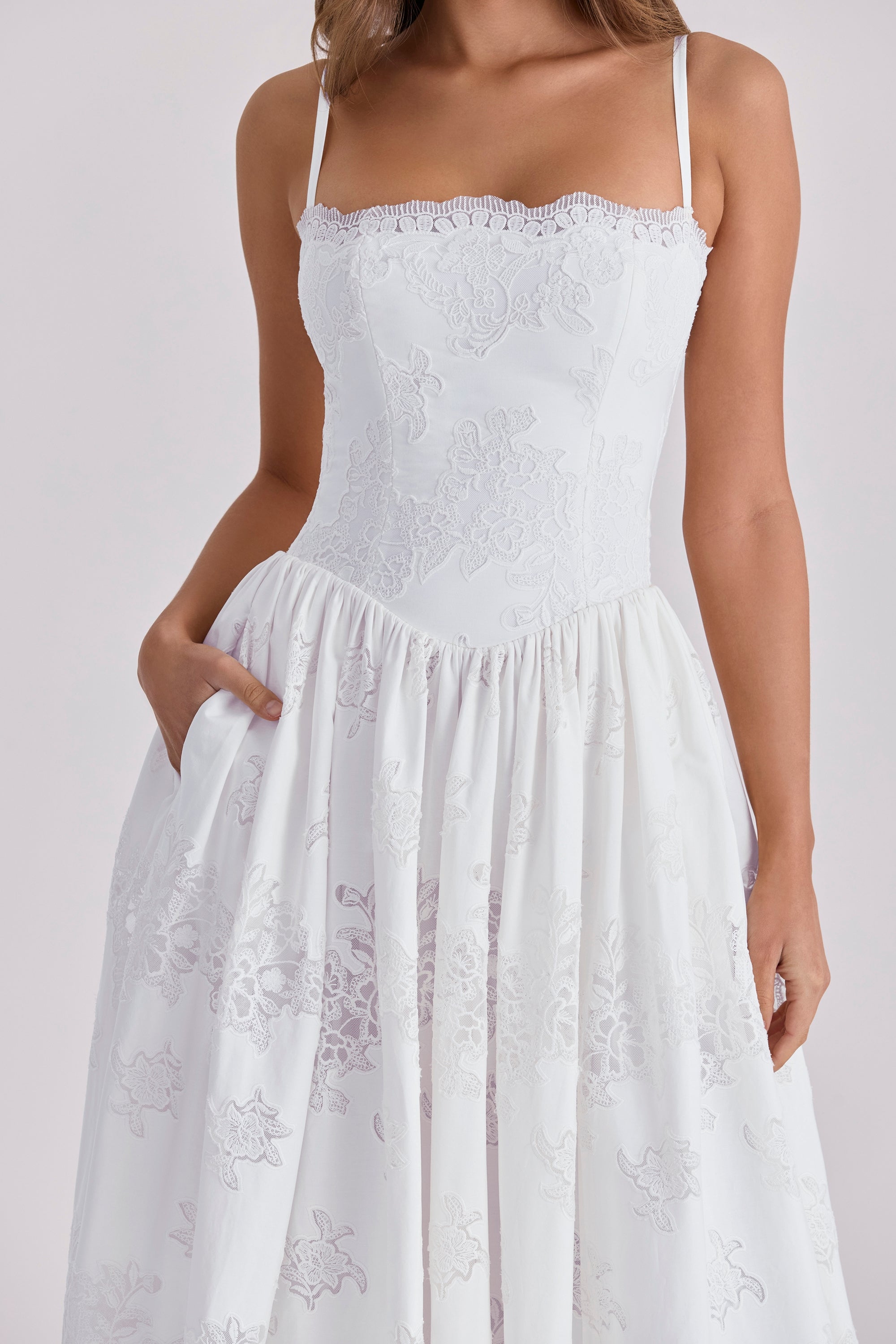 Chloe White Custom Lace + Cotton Midi Sundress