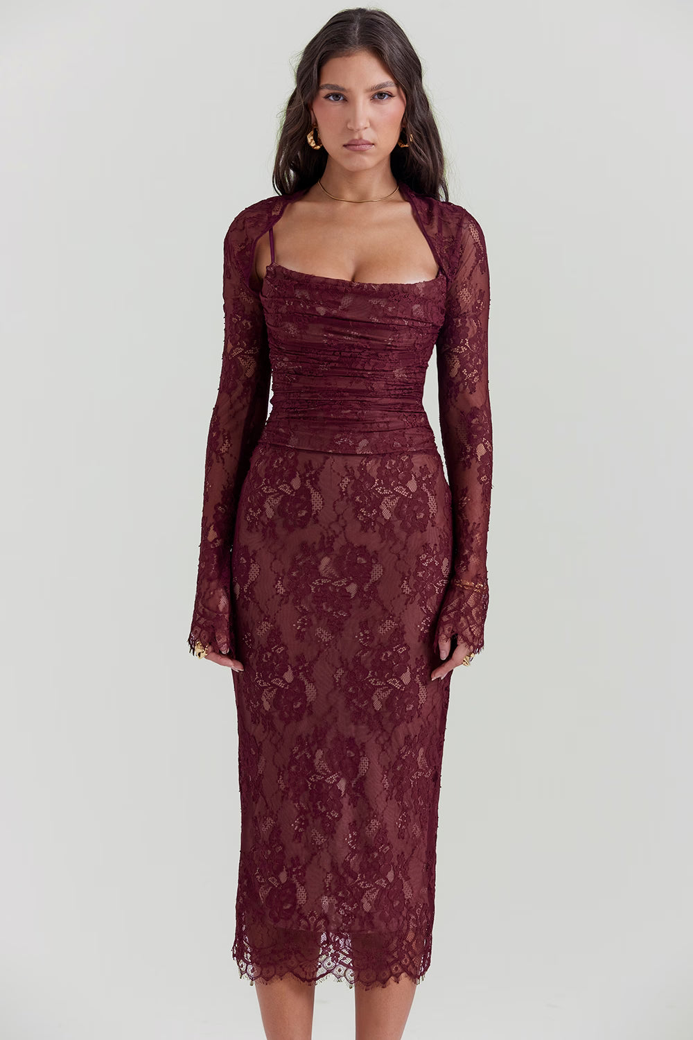 Gaia Claret Lace Midi Dress