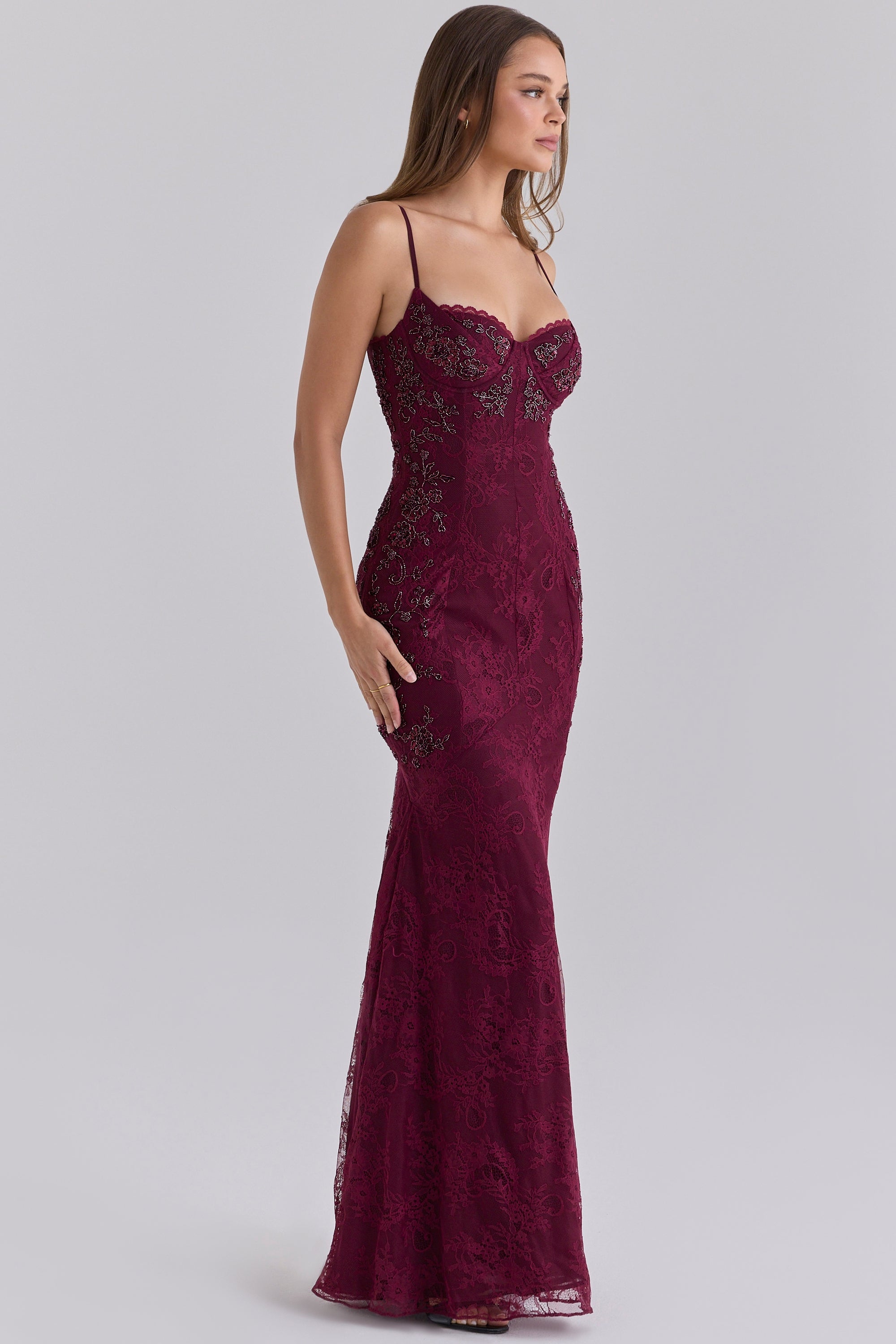 Sephina Cabernet Hand Embellished Lace Maxi Gown - Limited Edition