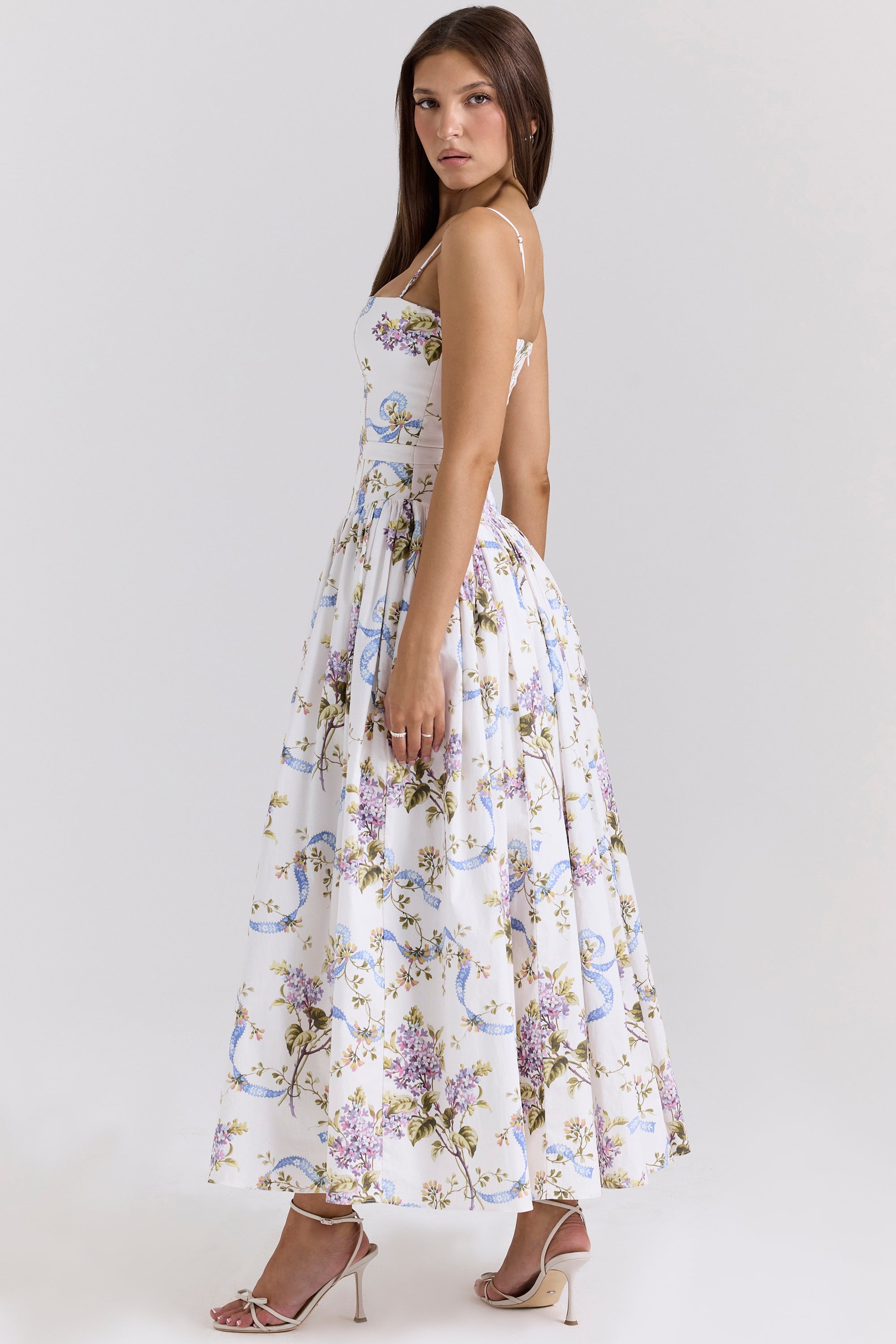 Ysabella Off White Vintage Ribbon Print Cotton Midi Sundress