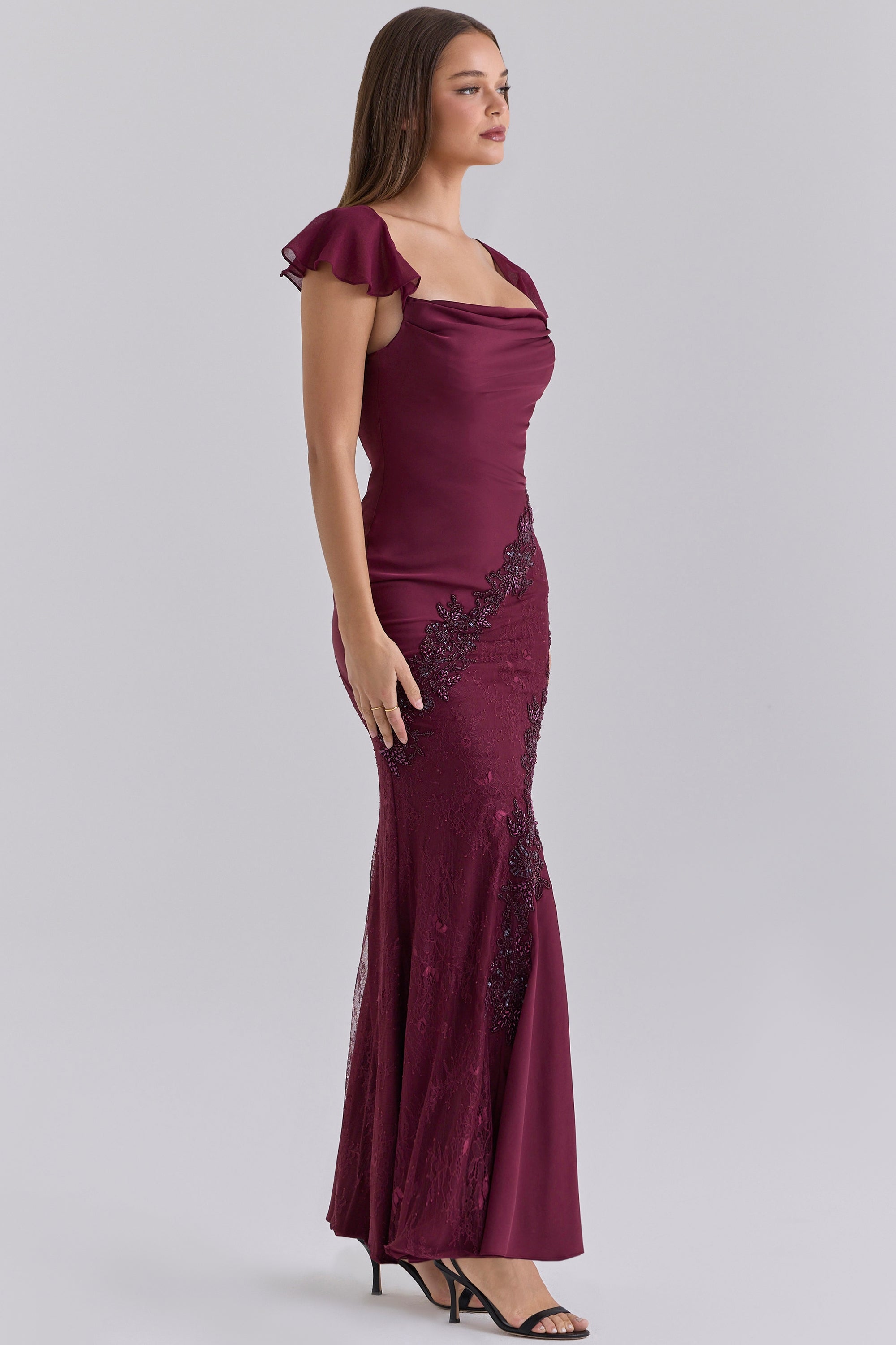Sevrine Cabernet Satin Custom Hand Embellished Maxi Dress
