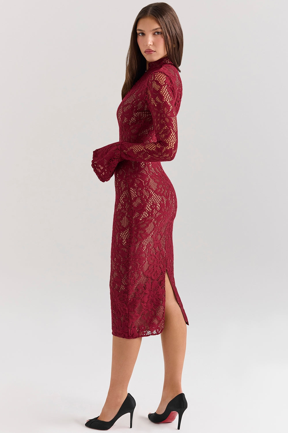 Pierette Berry Lace Midi Dress