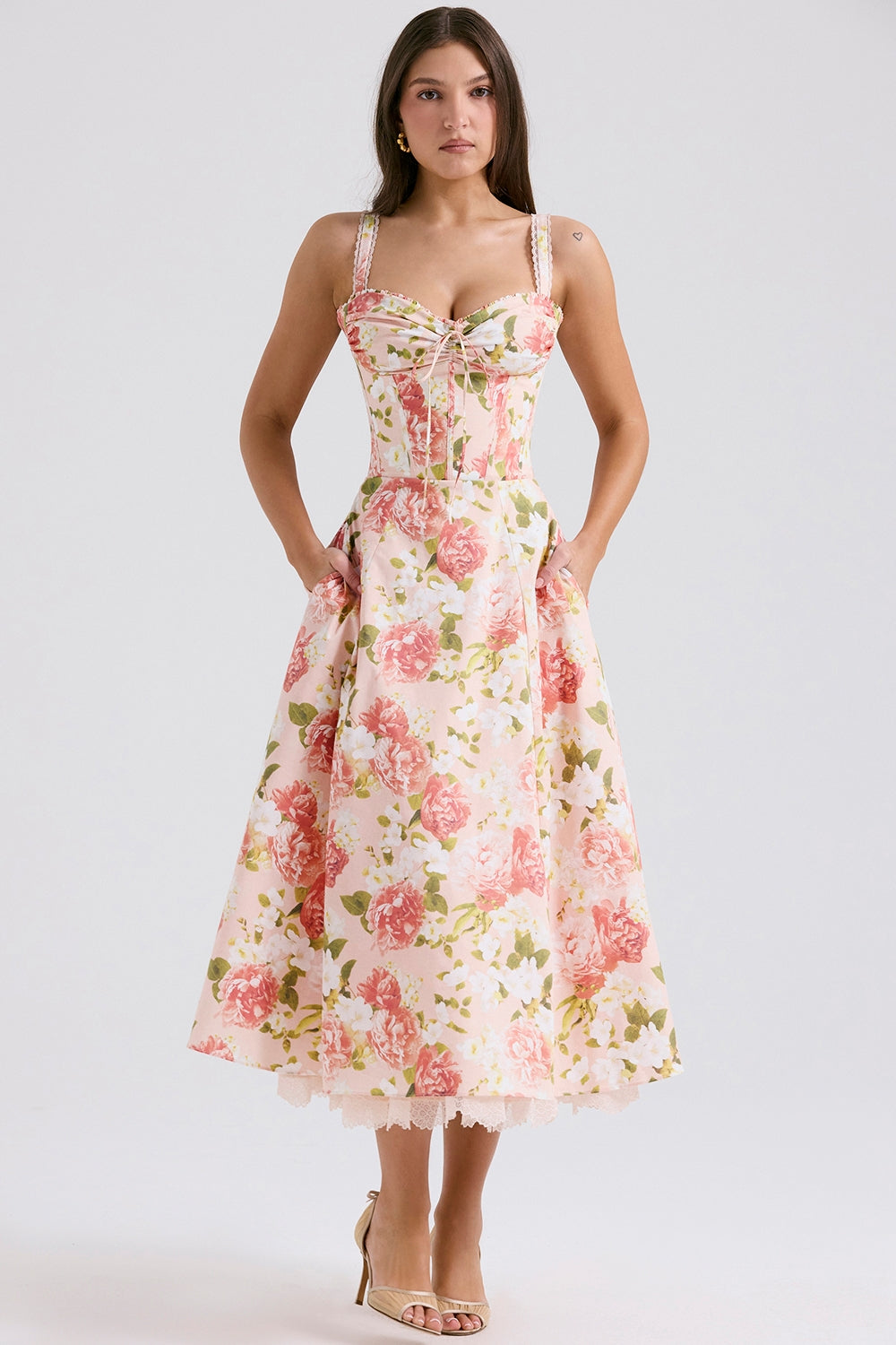 Rosalee Pink Peony Print Cotton Bustier Sundress