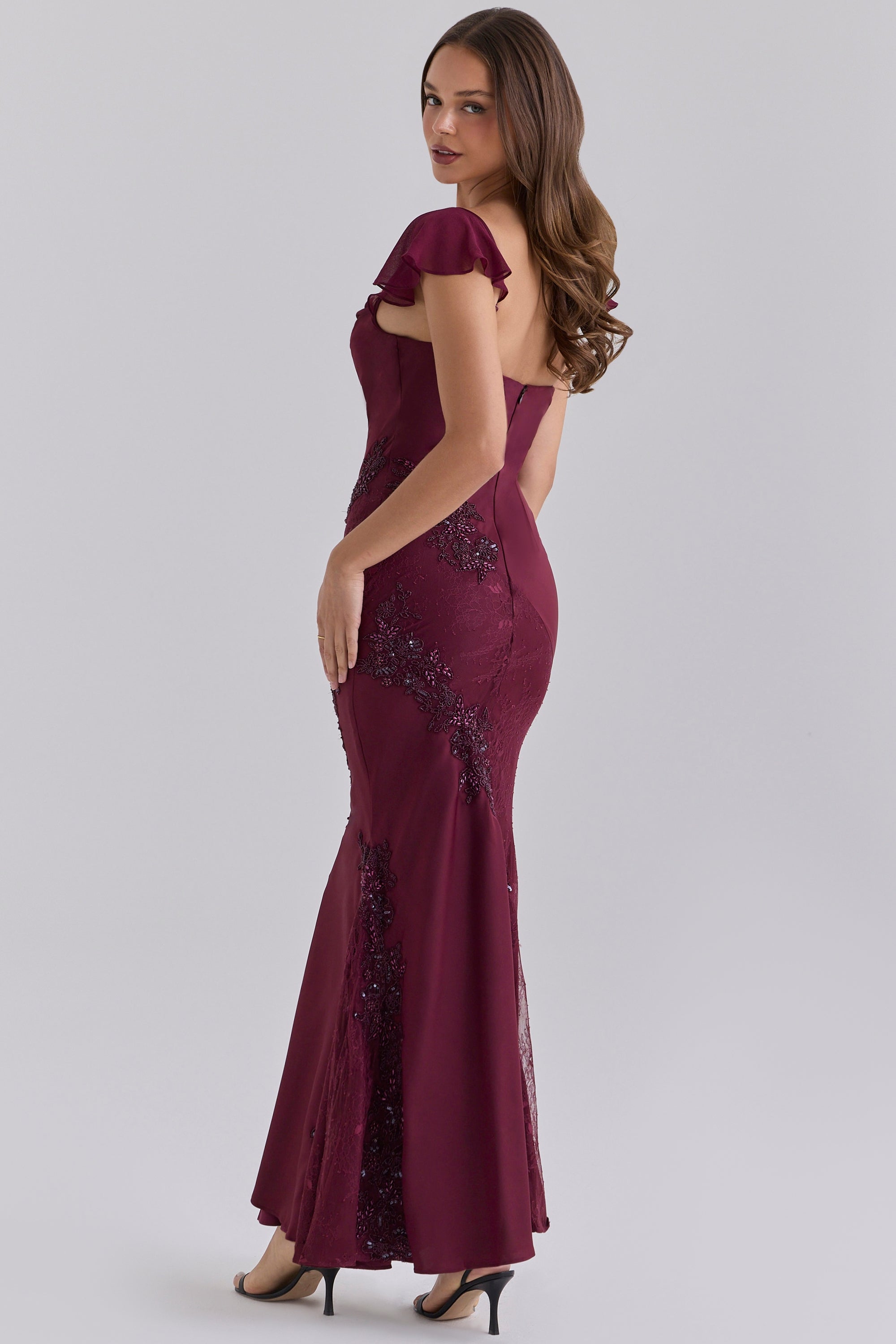 Sevrine Cabernet Satin Custom Hand Embellished Maxi Dress