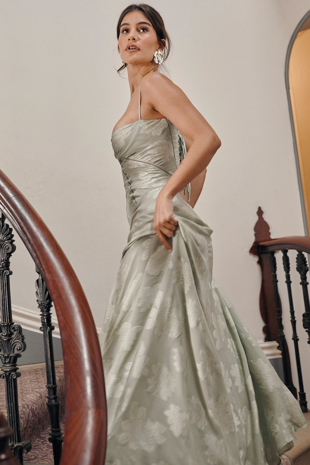 Seren Pistachio Floral Lace Back Maxi Dress