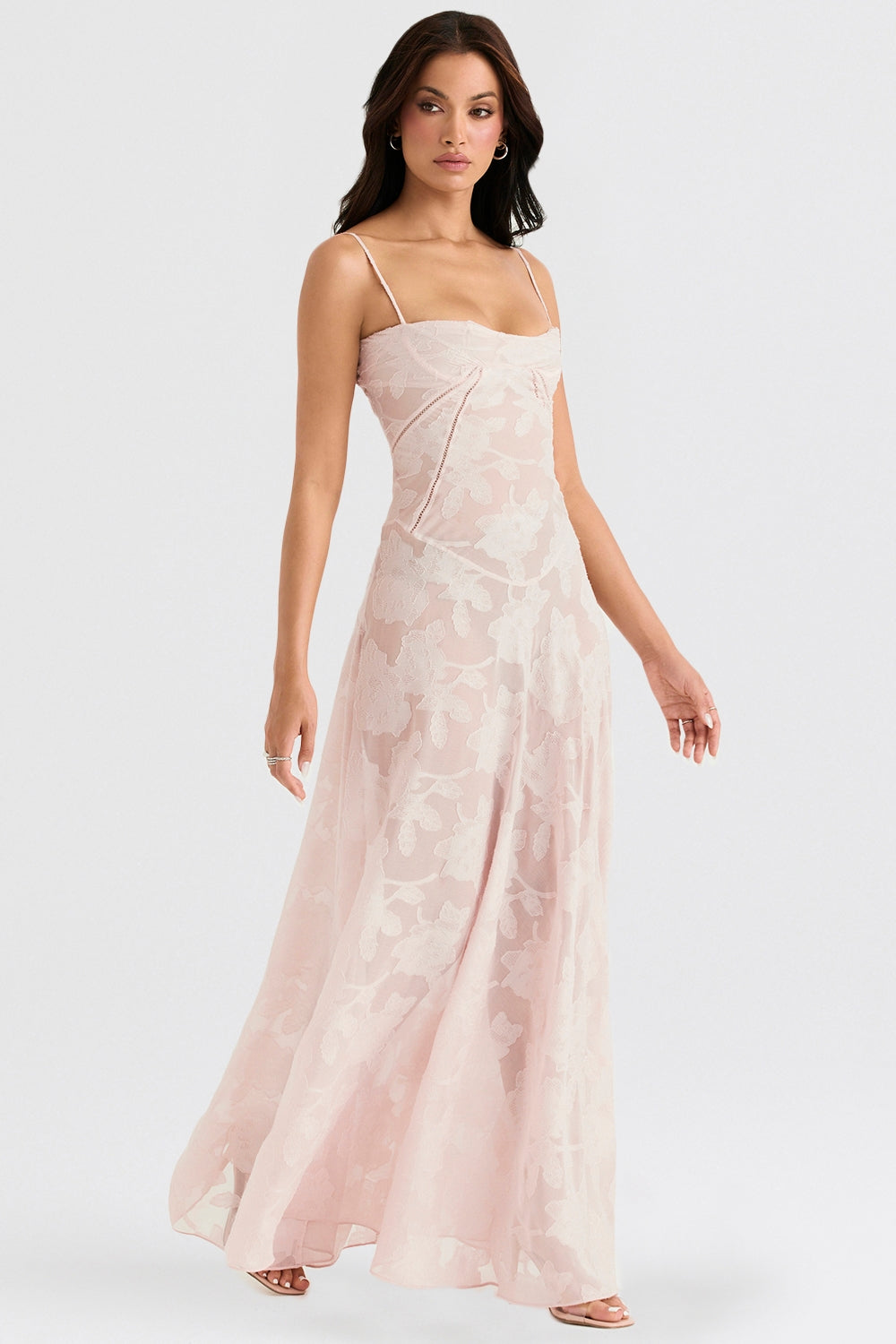 Seren Soft Pink Floral Lace Back Maxi Dress