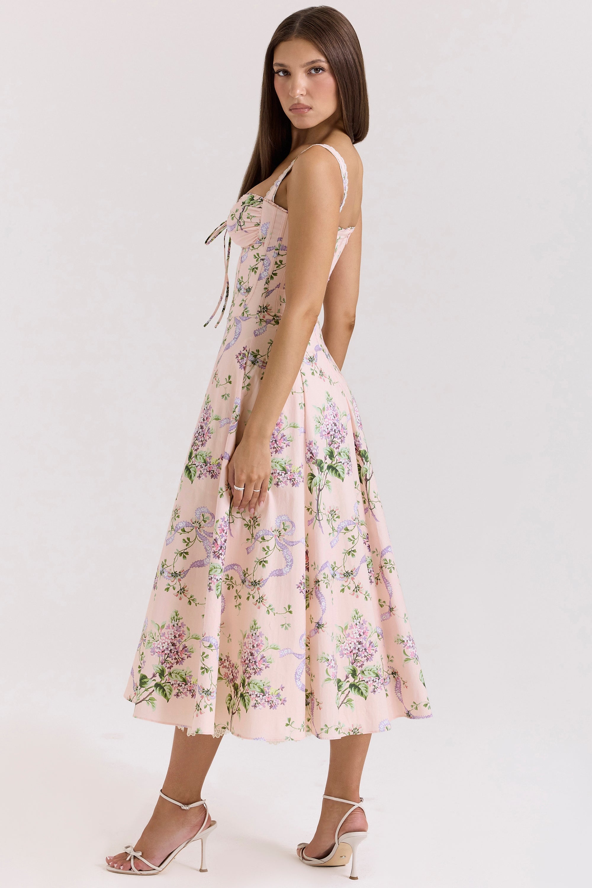 Rosalee Pink Floral Corset Midi Dress