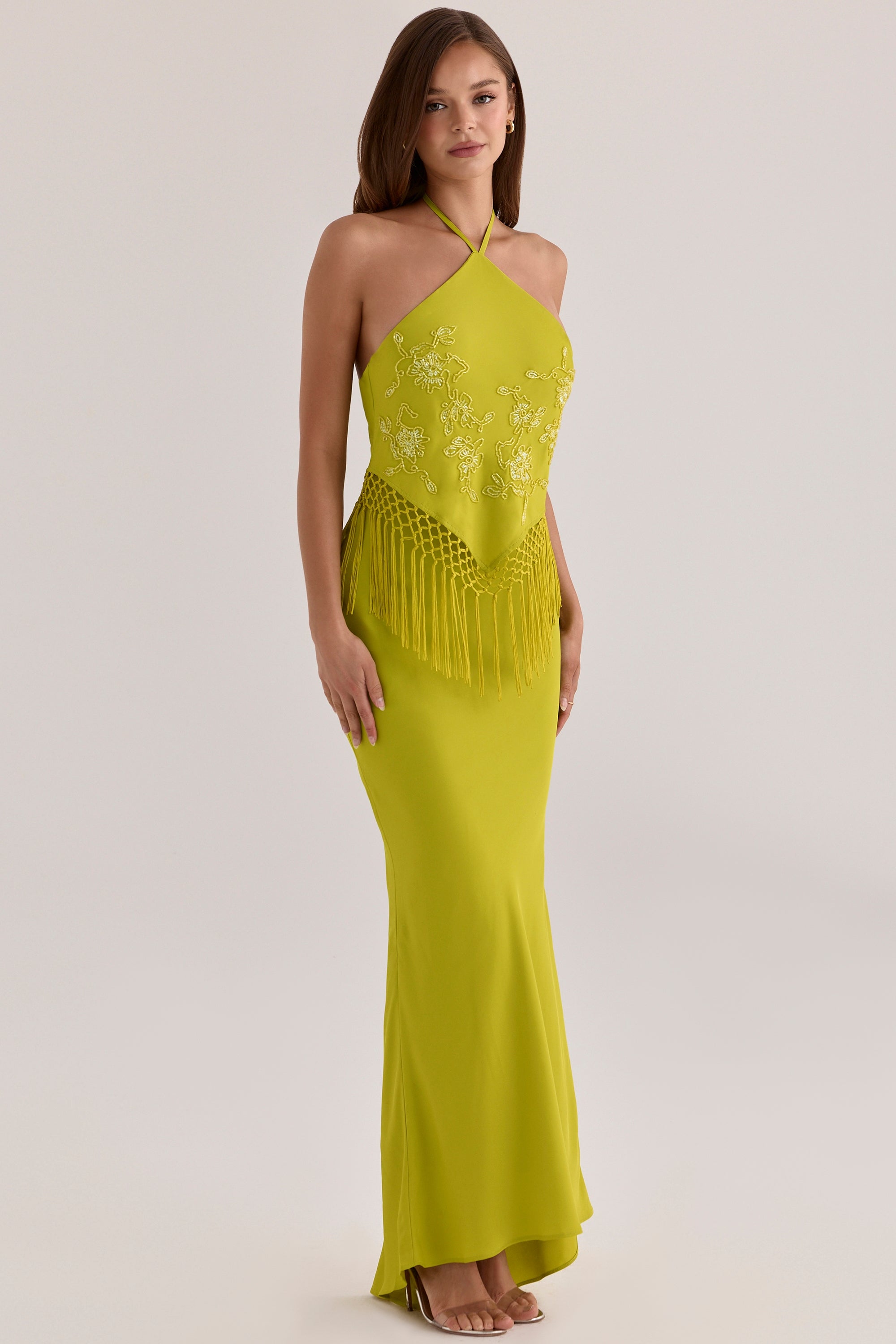 Sareena Chartreuse Satin Custom Embellished Fringed Maxi Dress - Limited Edition