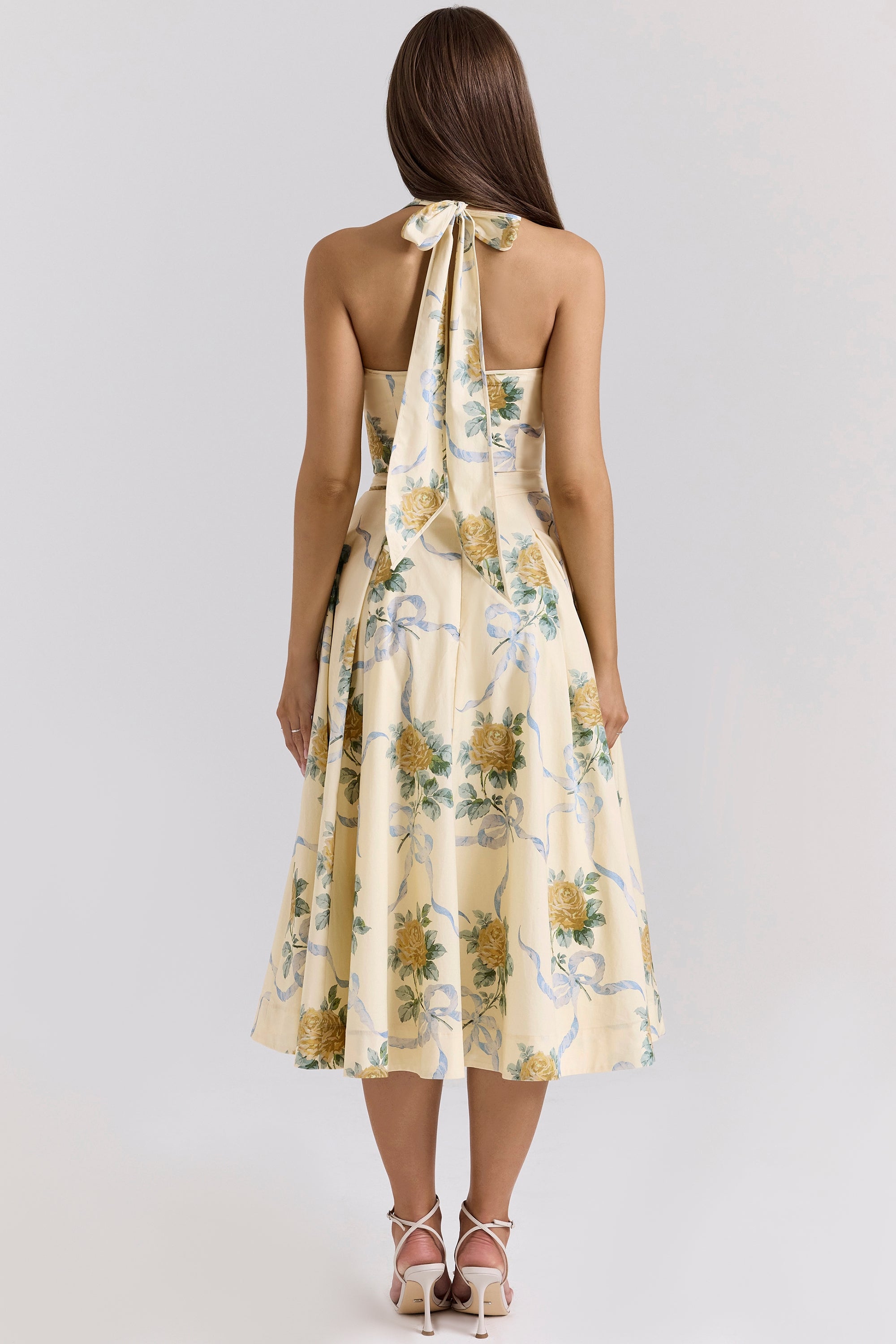 Allena Lemon Ribbon Stretch Cotton Halter Midi Sundress