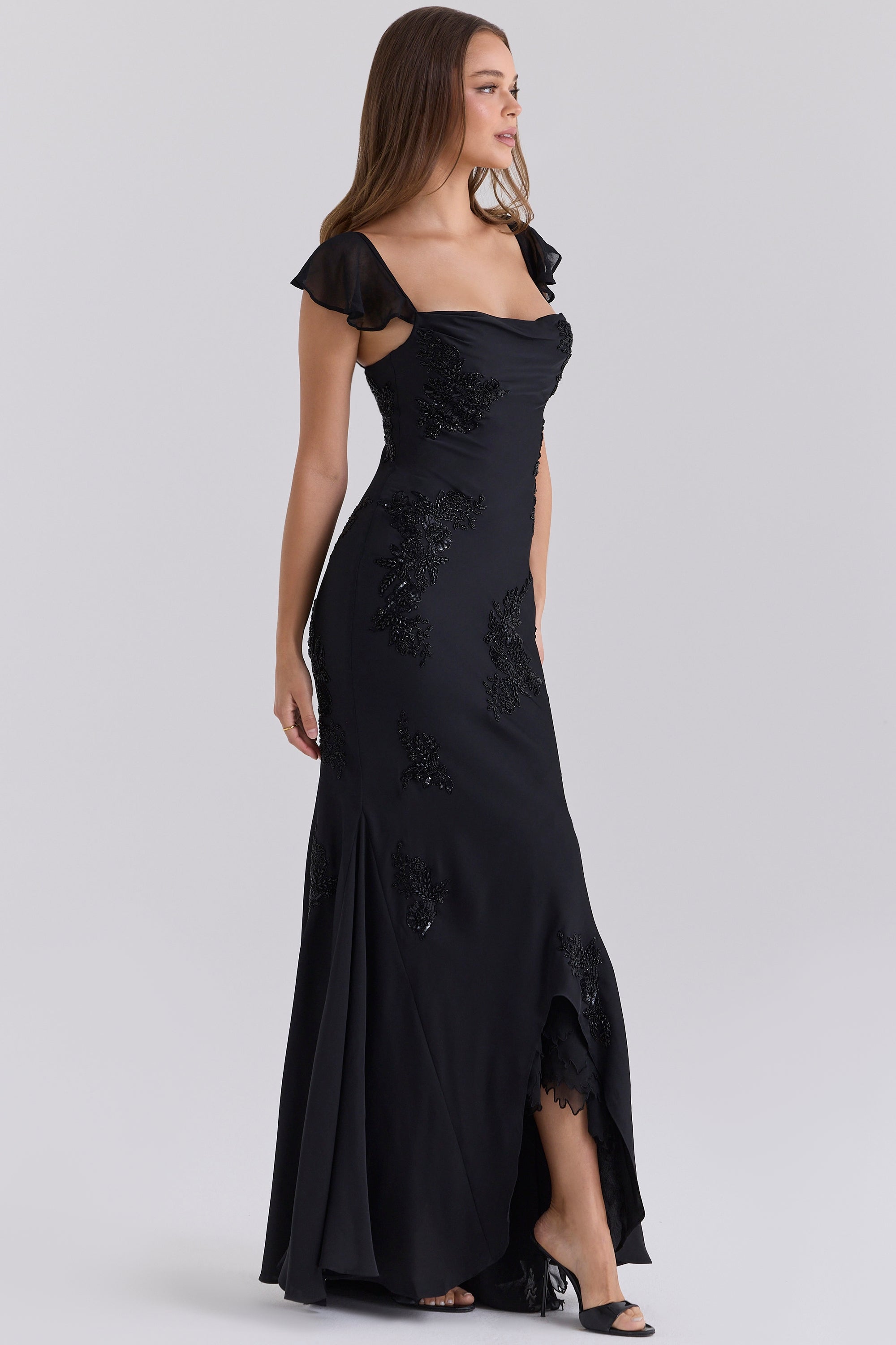 Arabella Black Satin Custom Hand Embellished Beaded Maxi Gown - Limited Edition