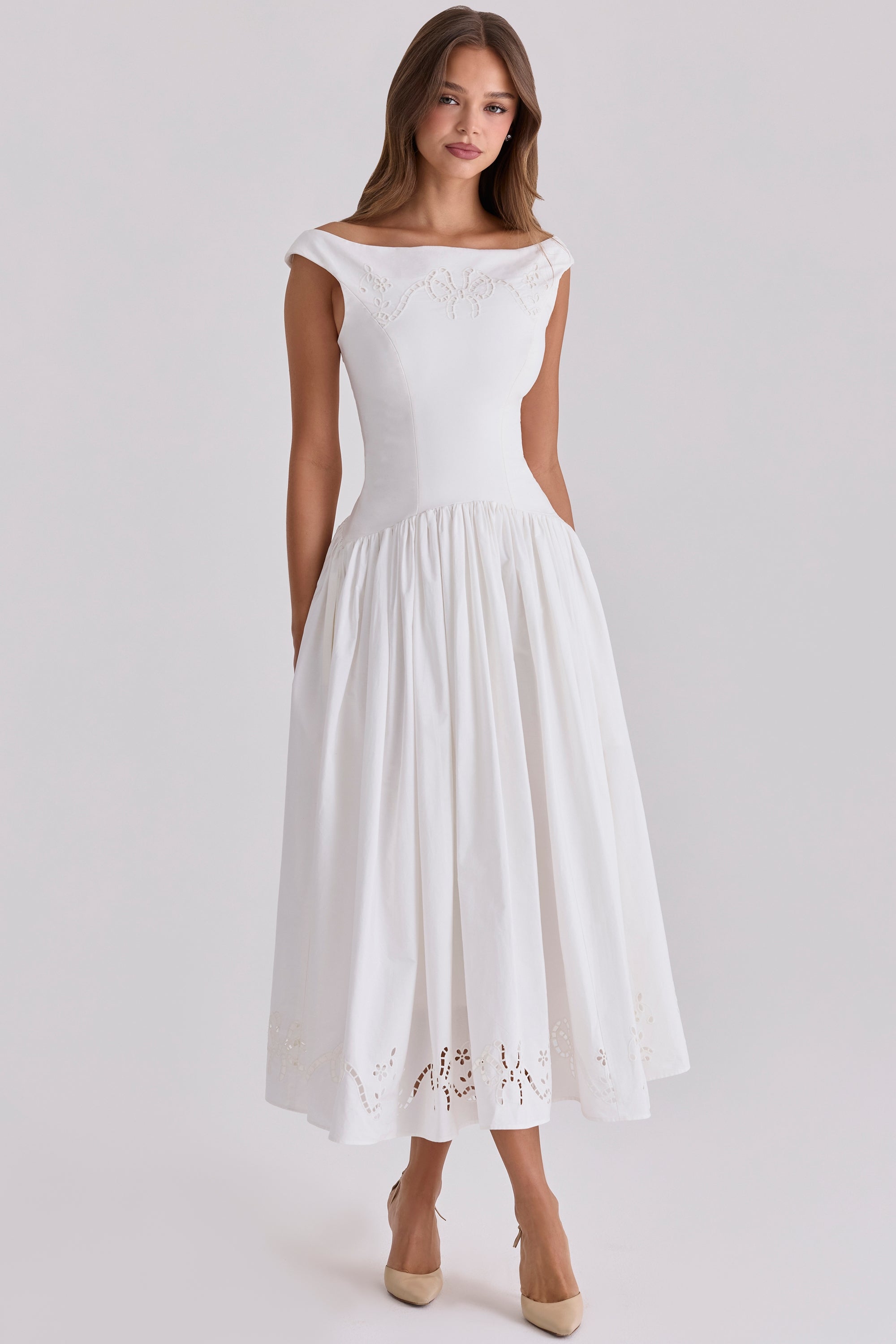 Chloe White Custom Lace + Cotton Midi Sundress