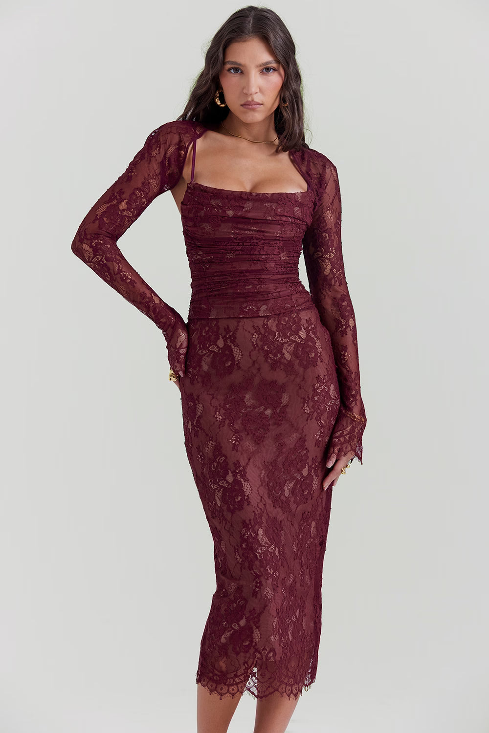 Gaia Claret Lace Midi Dress